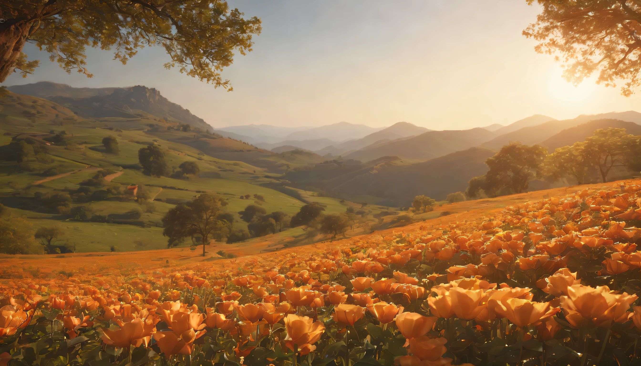 fotografia de paisagem expansiva, (a view from below showing the sky above and the open country below), Buddha and his disciples standing in a field of flowers looking up, (sol brilhante: 1.2), Lake at the foot of the distant mountain, BREAK tree production art, (fonte de luz quente: 1.2), (Firefly: 1.2), bulb, muito roxo e laranja, detalhes intrincados, volumeric lighting, realismo BREAK (obra-prima: 1.2) , (melhor qualidade), 4k, ultra-detalhado, (dynamic compositing: 1.4), detalhes coloridos altamente detalhados, (cores iridescentes: 1.2), (bright illumination, Atmospheric Illumination), sonhador, magica, (solo: 1.2)