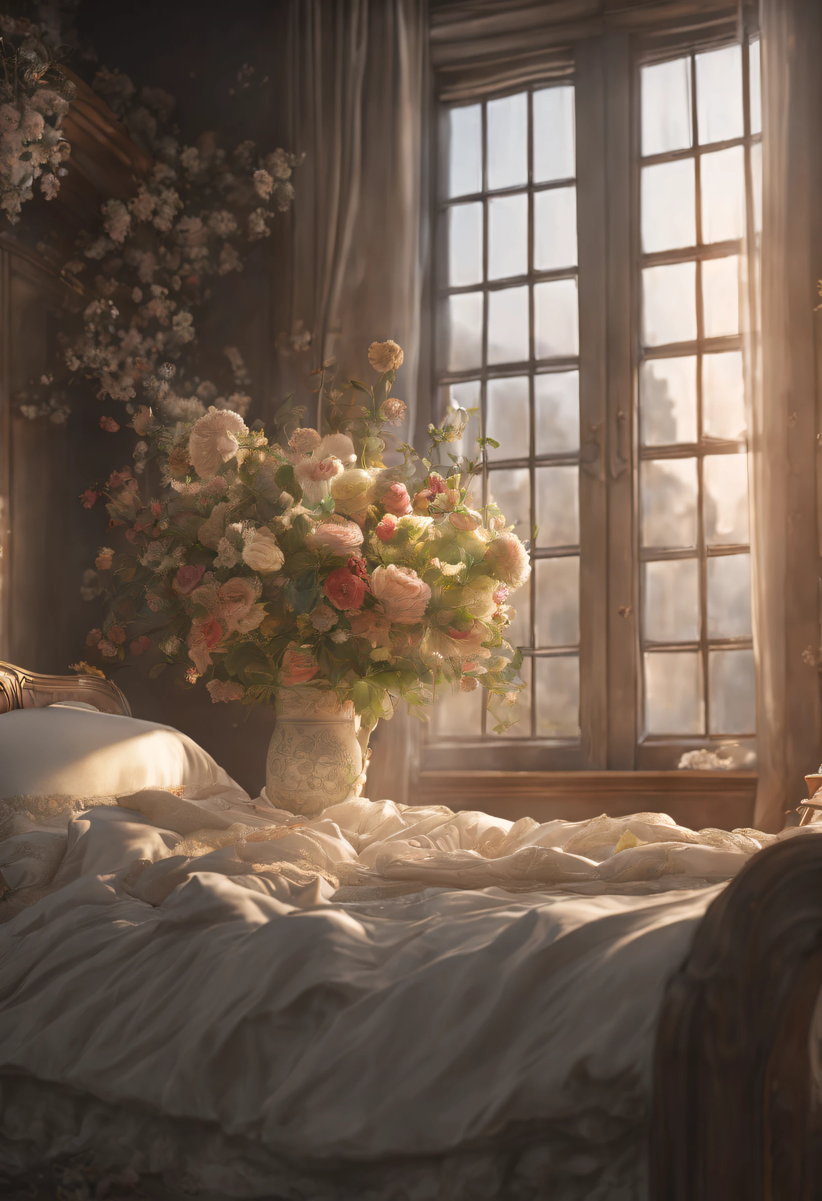 There is a bed with a white comforter and a bouquet of flowers on it, a large window open to a neat garden with light mist and morning sun, dreamy and detailed, dreamy and romantic, in a romantic style, Victorian setting, dreamy atmosphere, romantic atmosphere , very magical and dreamy, dream scene, Victorian Bedroom, Cottagecore!!, Enchanted Dreams. dreamy atmosphere and drama, dreamy and ethereal, beautiful atmospheric details, centered, organic, biophilic, sharp focus on subject, intricate artwork masterpiece, Professional Ominous Concept Art, matte painting movie poster, prfm style, trending on cgsociety, intricate, epic, elegant, trending on artstation, By artgerm, insanely detailed, vibrant, cinematic, 3D render, ultra high quality, intricate, dslr, hdr, 8k, masterpiece