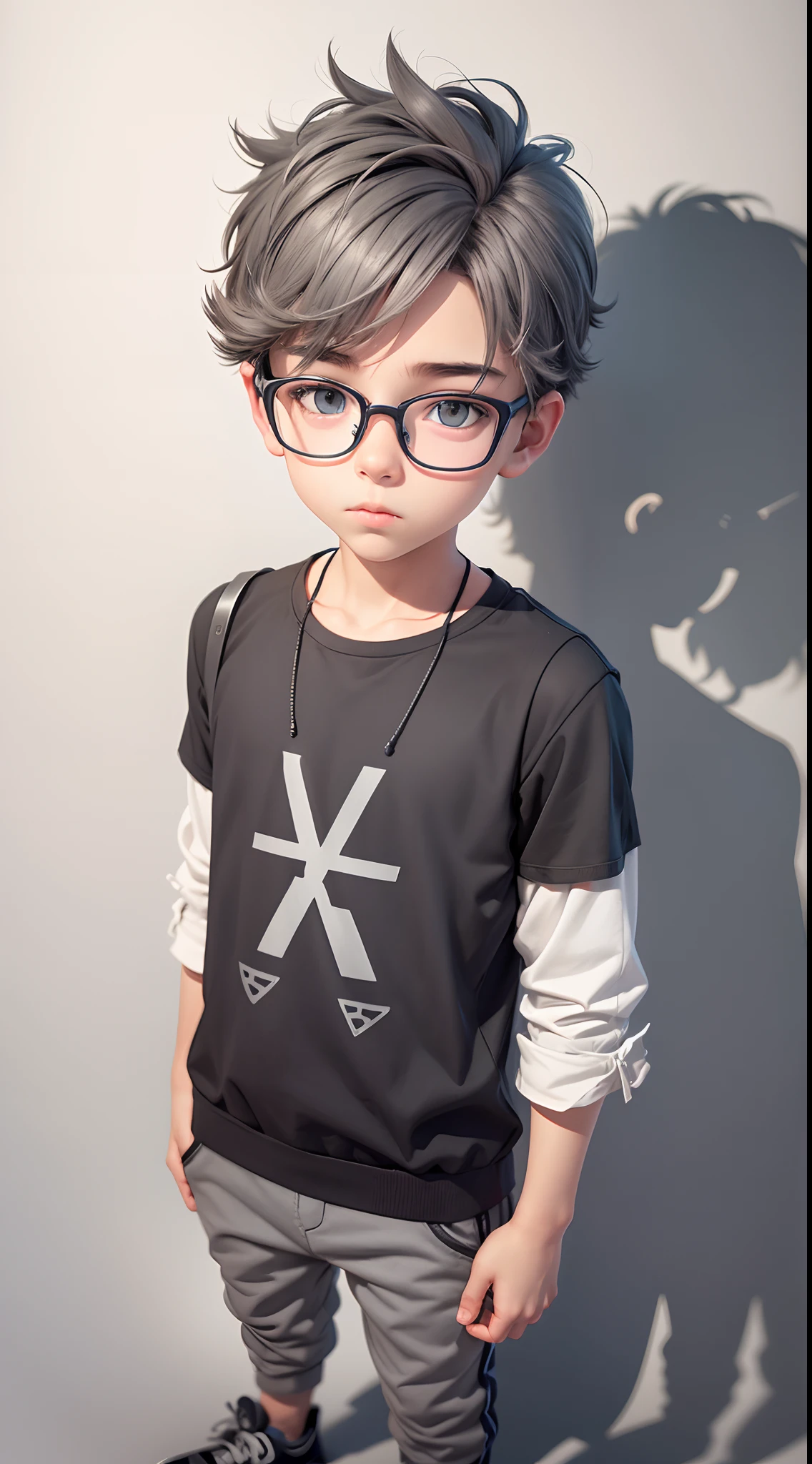 gray youth boy character, full body, children's book illustration style, simple, cute, artist, portrait, full color, 3d model, light and shadow, gray clothes, wear glasses, flat color, white background.
