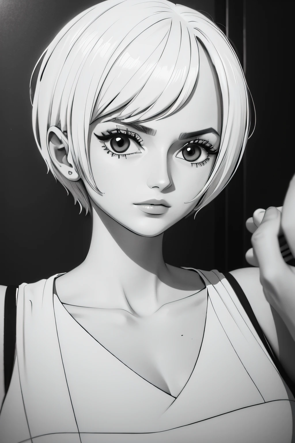Handsome short-haired girl shooting,Line drawings,black andwhite,
