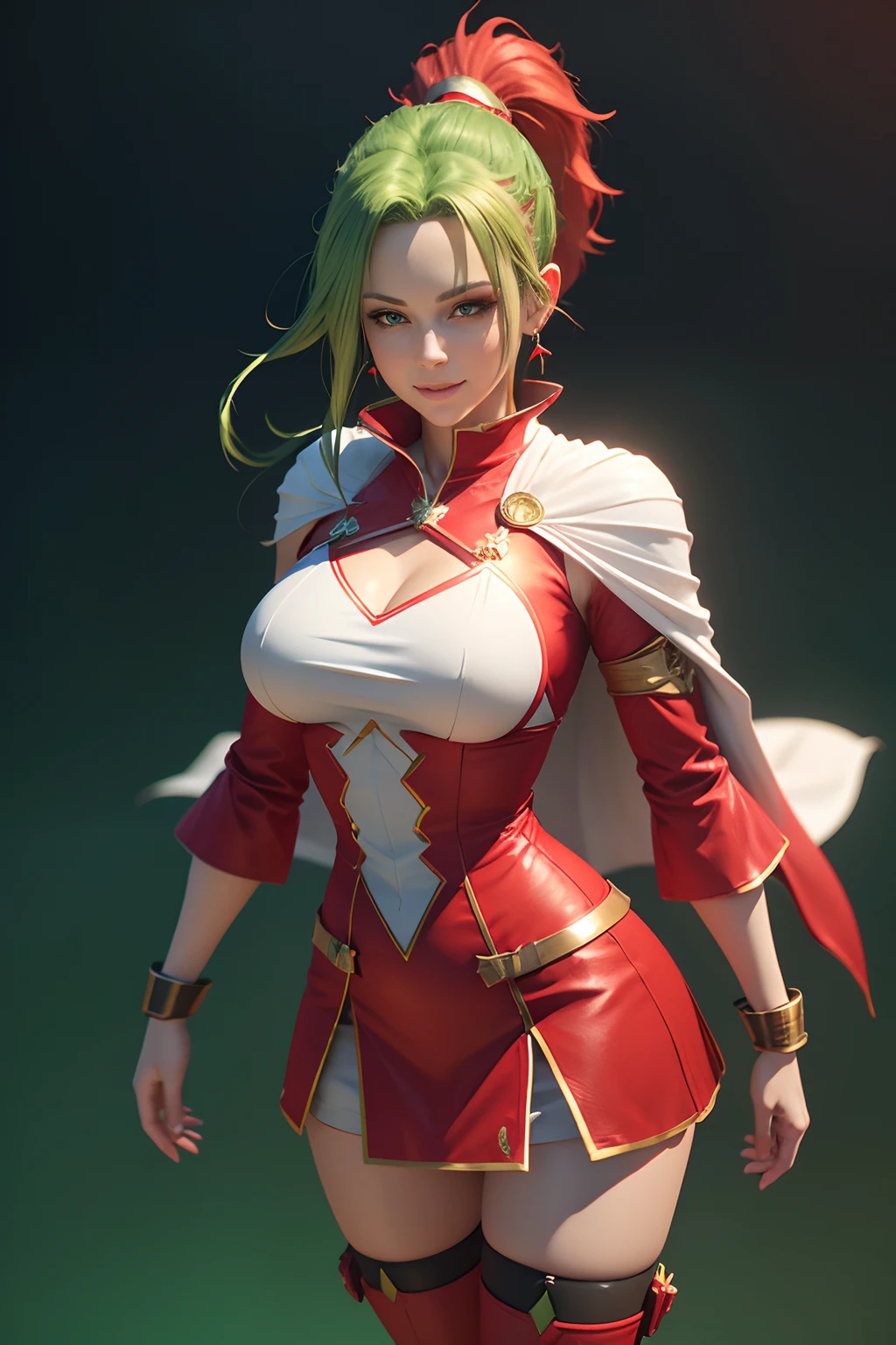 3D rendering, female character, (((red clothes))), (((green hair))), side ponytail, golden triangular earrings, blue eyes, beautiful smile, white cape covering the bust, long white boots, detailed , 8k, high quality, emotional effects, 3D rendering