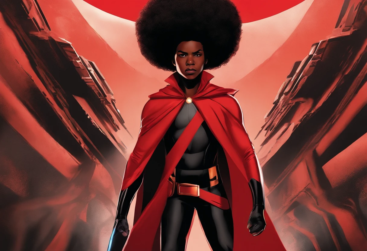 African-American teen boy with afro cut hair using red powers in superhero suit similar to the scarlet witch