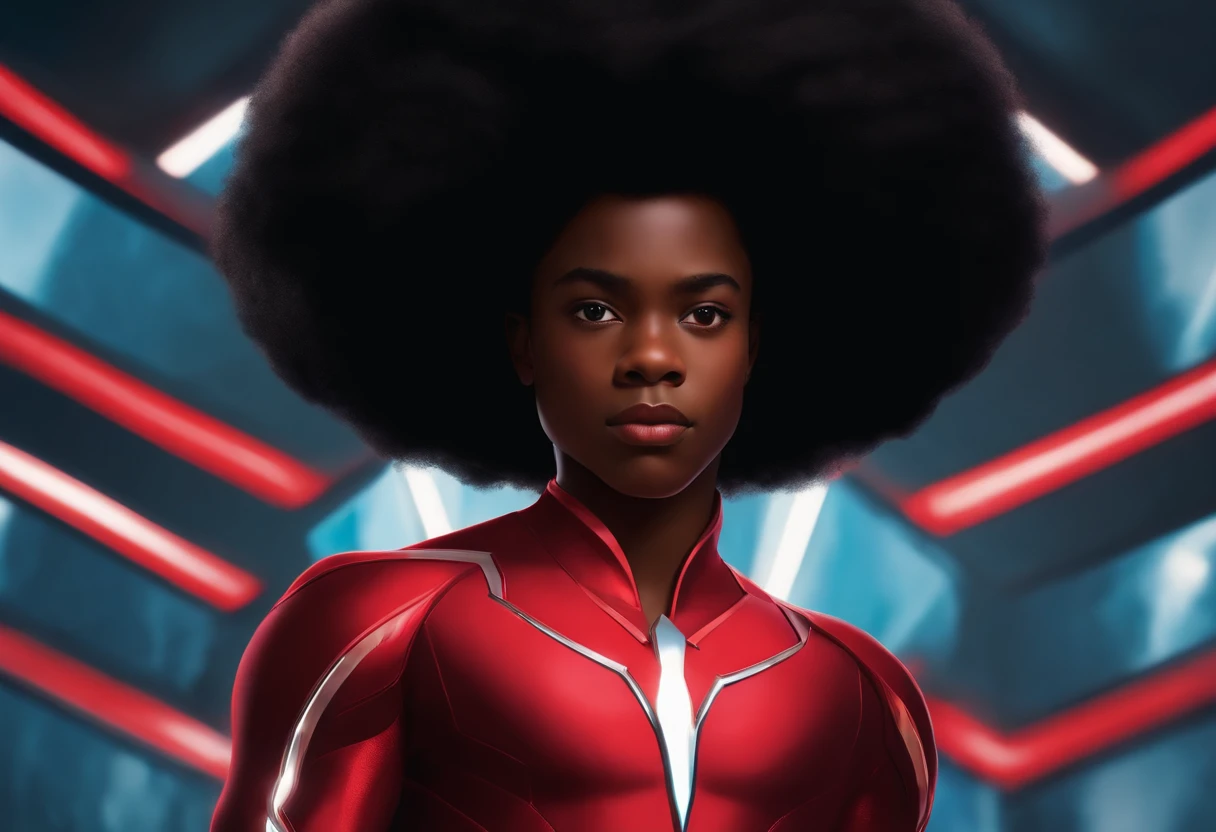 African-American teen boy with afro cut hair using red powers in superhero suit similar to the scarlet witch