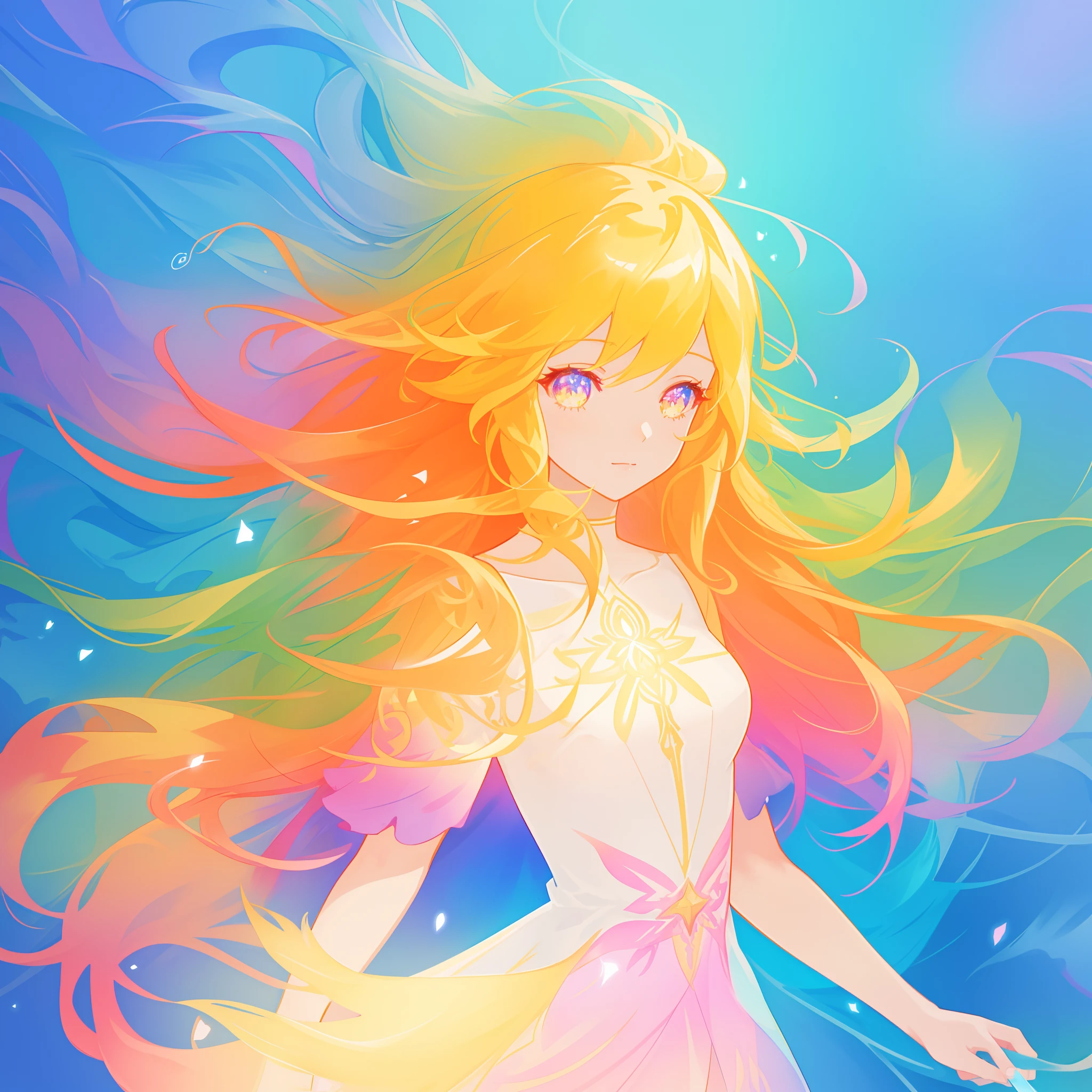 beautiful anime girl in colorful liquid dress, vibrant pastel colors, (colorful), magical lights, long flowing colorful hair, sparkling lines of light, inspired by Glen Keane, inspired by Lois van Baarle, disney art style, by Lois van Baarle, glowing aura around her, by Glen Keane, jen bartel, glowing lights! digital painting, flowing glowing hair, glowing flowing hair, beautiful digital illustration, fantasia background, whimsical, magical, fantasy, beautiful face, ((masterpiece, best quality)), intricate details, highly detailed, sharp focus, 8k resolution, sparkling detailed eyes, liquid watercolor
