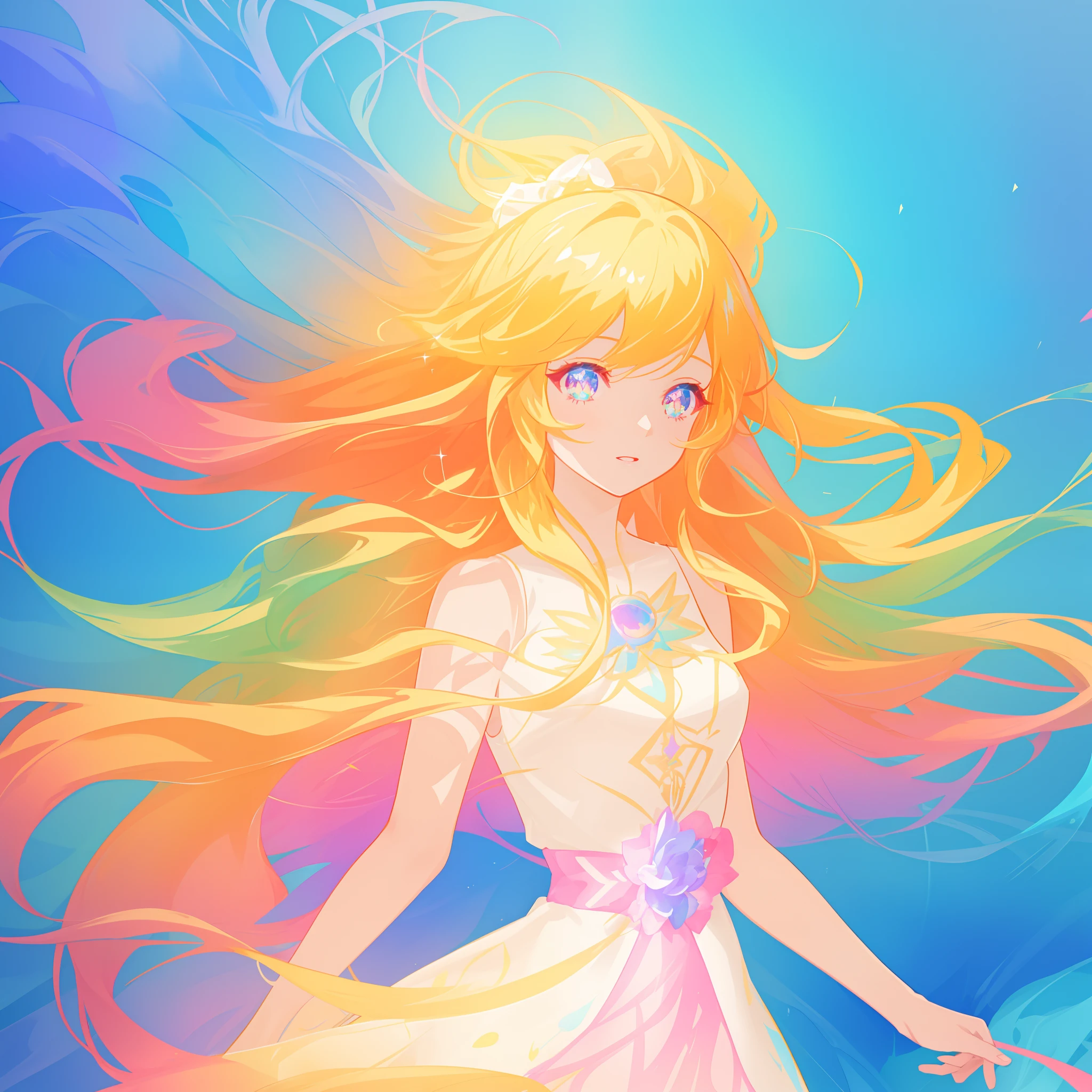 beautiful anime girl in colorful liquid dress, vibrant pastel colors, (colorful), magical lights, long flowing colorful hair, sparkling lines of light, inspired by Glen Keane, inspired by Lois van Baarle, disney art style, by Lois van Baarle, glowing aura around her, by Glen Keane, jen bartel, glowing lights! digital painting, flowing glowing hair, glowing flowing hair, beautiful digital illustration, fantasia background, whimsical, magical, fantasy, beautiful face, ((masterpiece, best quality)), intricate details, highly detailed, sharp focus, 8k resolution, sparkling detailed eyes, liquid watercolor