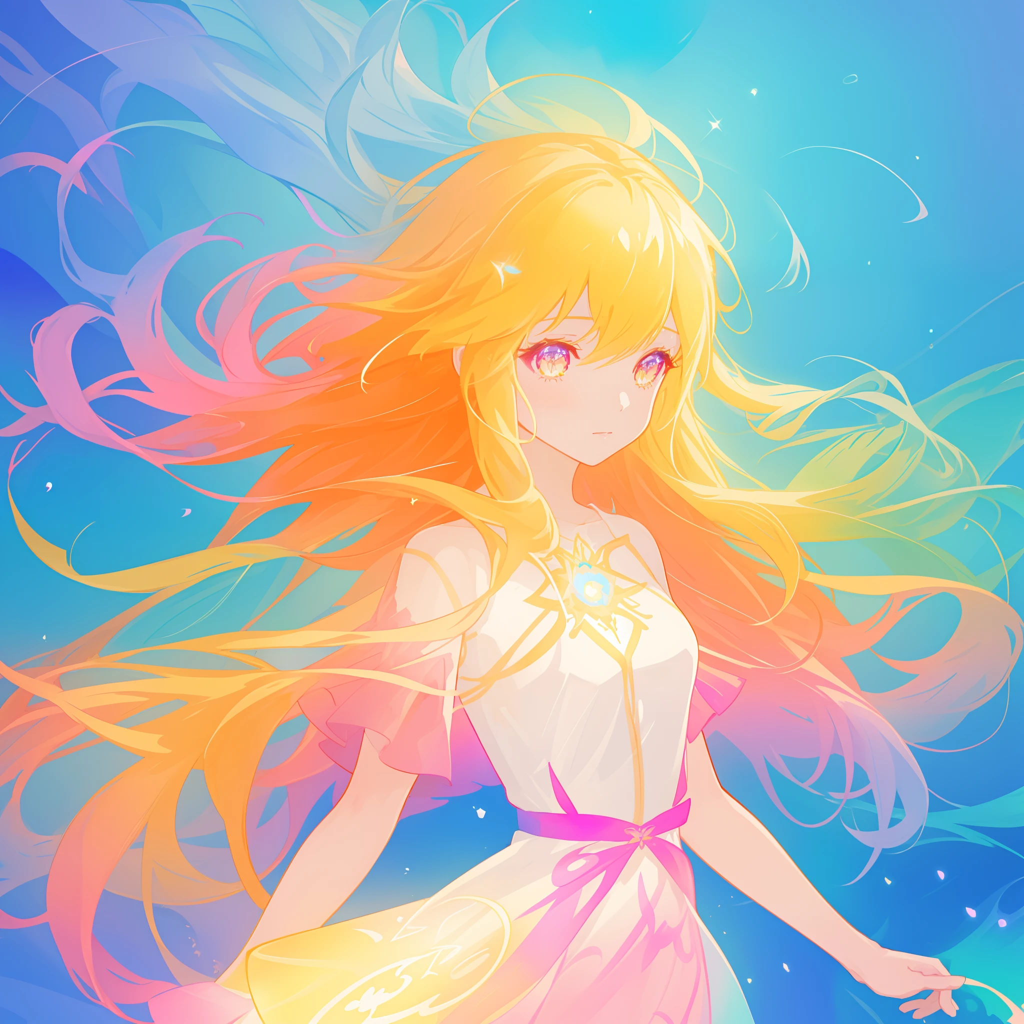 beautiful anime girl in colorful liquid dress, vibrant pastel colors, (colorful), magical lights, long flowing colorful hair, sparkling lines of light, inspired by Glen Keane, inspired by Lois van Baarle, disney art style, by Lois van Baarle, glowing aura around her, by Glen Keane, jen bartel, glowing lights! digital painting, flowing glowing hair, glowing flowing hair, beautiful digital illustration, fantasia background, whimsical, magical, fantasy, beautiful face, ((masterpiece, best quality)), intricate details, highly detailed, sharp focus, 8k resolution, sparkling detailed eyes, liquid watercolor