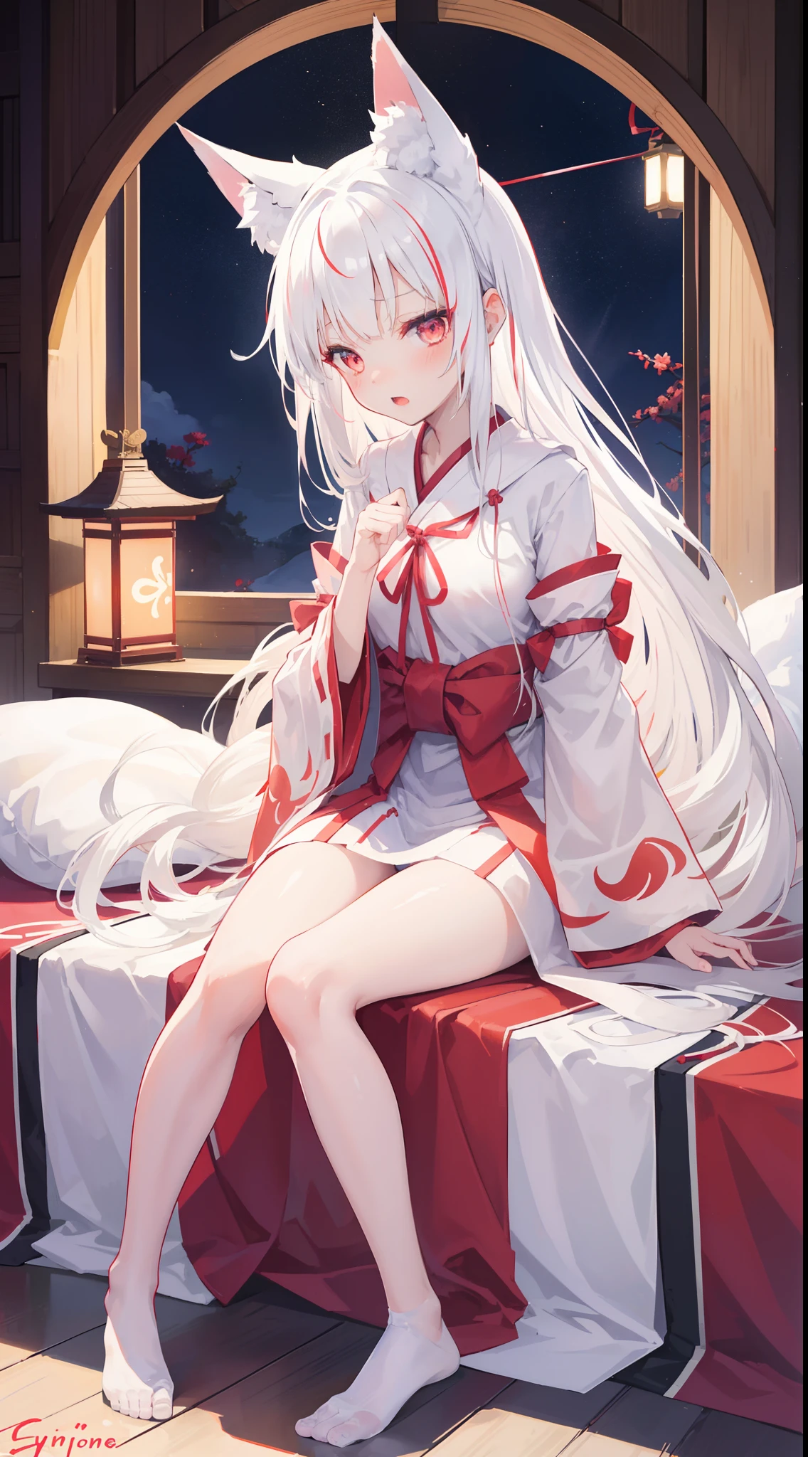 one girl, cute, shrine maiden, slender, beautiful, standing, (innocent), fox's ear, love me, white hair, midnight, mysterious, happy, love me, close to girl, sitting on bed, kiss me, ecstatic, open mouth, blush, melting kiss, look at me, true love, girl want to kiss more, be dazed