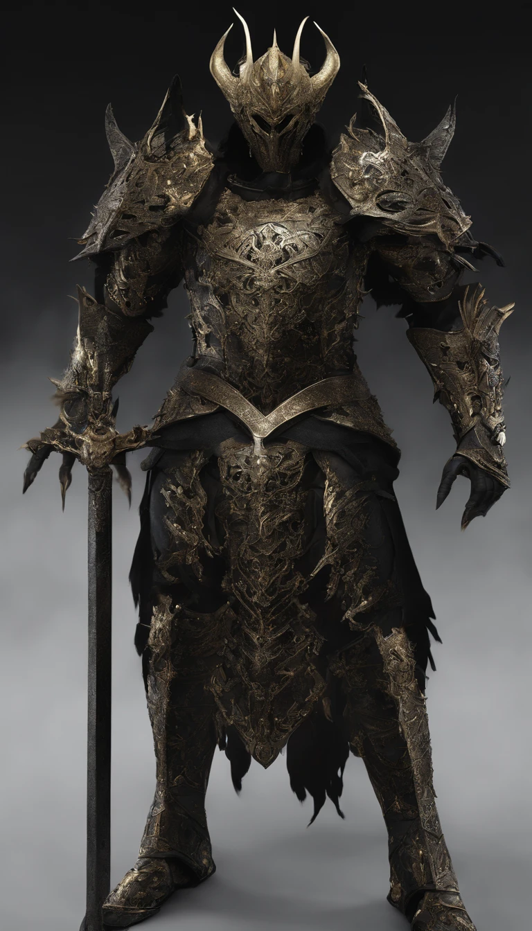 warrior, concept-art, author：Kishiganku, Fantasy art, battleground background, clean render, a horned, Wear a suit of armor, Detailed bushido form smoke, helmet of a forgotten deity, character is standing, 8k Realistic, in game render, detailed face background detail, Art station front page, taur, Pseudo-medieval fantasy, A deity wearing koi armor, detailed bronze armor, Bronze armor, golden etched armor, gold obsidian armor, Light gold armor, Gorgeous filigree armor, A demonic warrior, Gorgeous armor full of thorns, Intricate assasin armor, Intricate metal armor, powerful warrior, Dressed in gorgeous gold armor，Decorated with intricate patterns, The helmet has a large crown and two horns,Glowing red eyes， Everything is in the dark, The smoky background hints at battle scenes, Add an ominous aura to his character，submission, Full body shot.