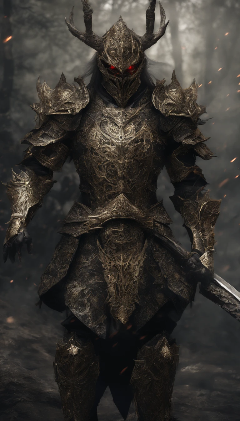 warrior, concept-art, author:Kishiganku, Fantasy art, battleground background, clean render, a horned, Wear a suit of armor, Detailed bushido form smoke, helmet of a forgotten deity, character is standing, 8k Realistic, in game render, detailed face background detail, Art station front page, taur, Pseudo-medieval fantasy, A deity wearing koi armor, detailed bronze armor, Bronze armor, golden etched armor, gold obsidian armor, Light gold armor, Gorgeous filigree armor, A demonic warrior, Gorgeous armor full of thorns, Intricate assasin armor, Intricate metal armor, powerful warrior, Dressed in gorgeous gold armor,Decorated with intricate patterns, The helmet has a large crown and two horns,Glowing red eyes, Everything is in the dark, The smoky background hints at battle scenes, Add an ominous aura to his character,submission, Full body shot.
