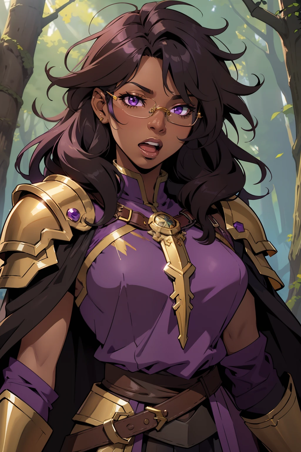Solo, female, dark skin, very dark brown hair, ((messy hair)), purple eyes, open mouth, glasses, purple tunic, black cloak, gold accents, gold armor, gold chestpiece, forest