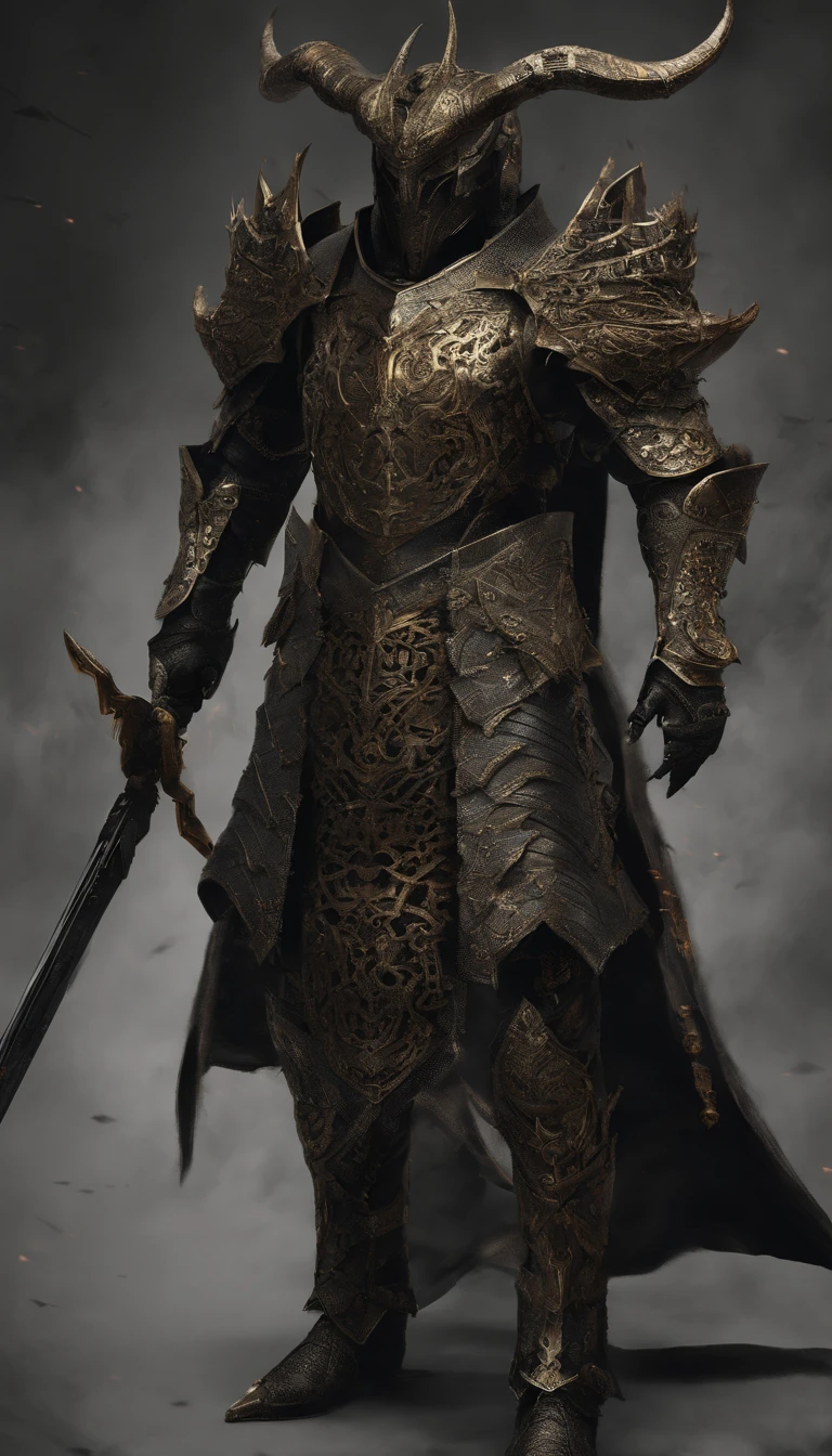 warrior, concept-art, author:Kishiganku, Fantasy art, battleground background, clean render, a horned, Wear a suit of armor, Detailed bushido form smoke, helmet of a forgotten deity, character is standing, 8k Realistic, in game render, detailed face background detail, Art station front page, taur, Pseudo-medieval fantasy, A deity wearing koi armor, detailed bronze armor, Bronze armor, golden etched armor, gold obsidian armor, Light gold armor, Gorgeous filigree armor, A demonic warrior, Gorgeous armor full of thorns, Intricate assasin armor, Intricate metal armor, powerful warrior, Dressed in gorgeous gold armor,Decorated with intricate patterns, The helmet has a large crown and two horns,Glowing red eyes, Everything is in the dark, The smoky background hints at battle scenes, Add an ominous aura to his character,submission, Full body shot.