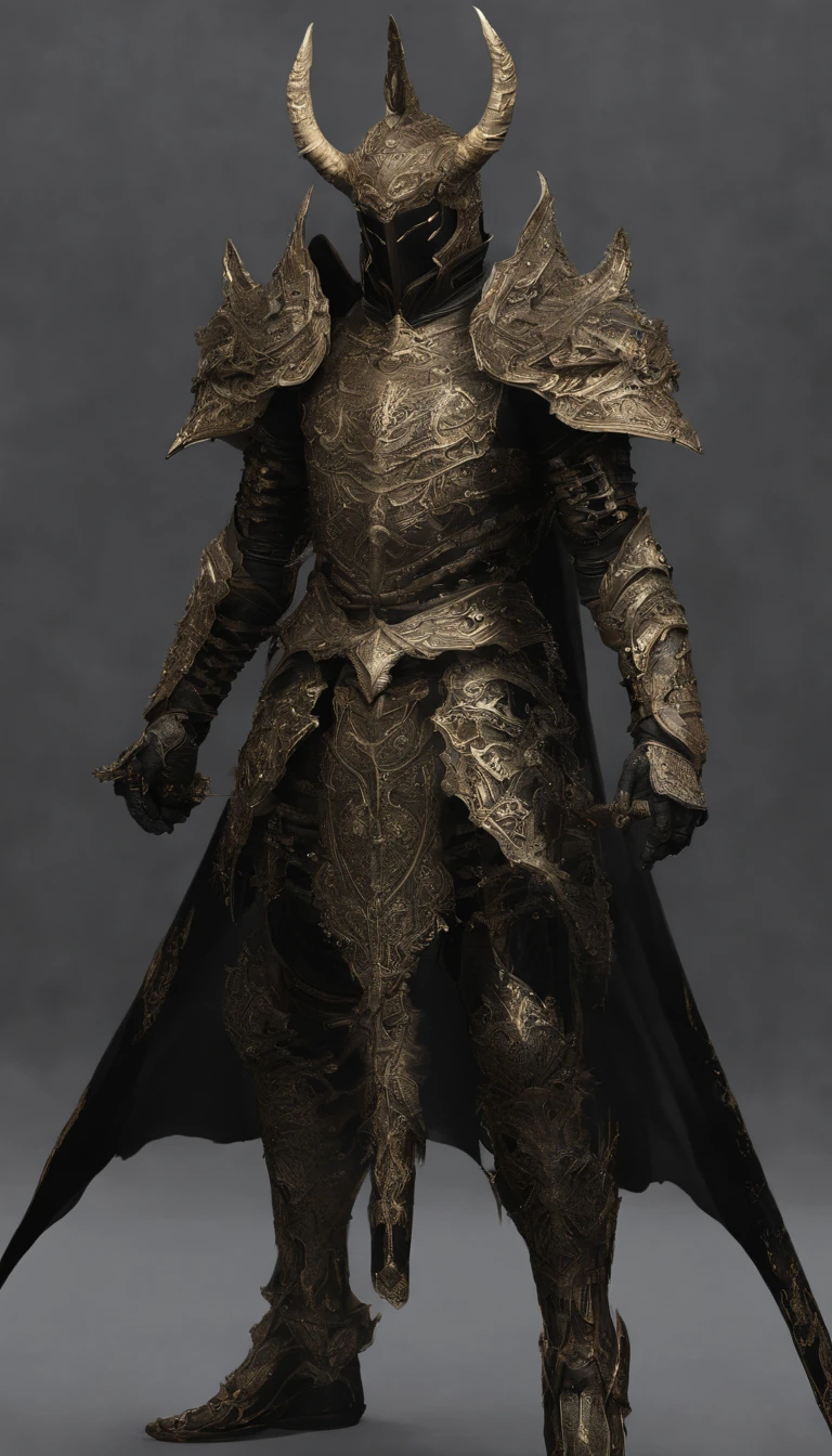 warrior, concept-art, author:Kishiganku, Fantasy art, battleground background, clean render, a horned, Wear a suit of armor, Detailed bushido form smoke, helmet of a forgotten deity, character is standing, 8k Realistic, in game render, detailed face background detail, Art station front page, taur, Pseudo-medieval fantasy, A deity wearing koi armor, detailed bronze armor, Bronze armor, golden etched armor, gold obsidian armor, Light gold armor, Gorgeous filigree armor, A demonic warrior, Gorgeous armor full of thorns, Intricate assasin armor, Intricate metal armor, powerful warrior, Dressed in gorgeous gold armor,Decorated with intricate patterns, The helmet has a large crown and two horns,Glowing red eyes, Everything is in the dark, The smoky background hints at battle scenes, Add an ominous aura to his character,submission, Full body shot.
