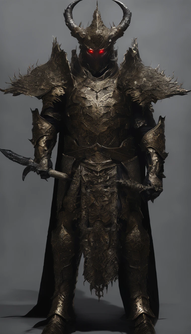 warrior, concept-art, author:Kishiganku, Fantasy art, battleground background, clean render, a horned, Wear a suit of armor, Detailed bushido form smoke, helmet of a forgotten deity, character is standing, 8k Realistic, in game render, detailed face background detail, Art station front page, taur, Pseudo-medieval fantasy, A deity wearing koi armor, detailed bronze armor, Bronze armor, golden etched armor, gold obsidian armor, Light gold armor, Gorgeous filigree armor, A demonic warrior, Gorgeous armor full of thorns, Intricate assasin armor, Intricate metal armor, powerful warrior, Dressed in gorgeous gold armor,Decorated with intricate patterns, The helmet has a large crown and two horns,Glowing red eyes, Everything is in the dark, The smoky background hints at battle scenes, Add an ominous aura to his character,submission, Full body shot.