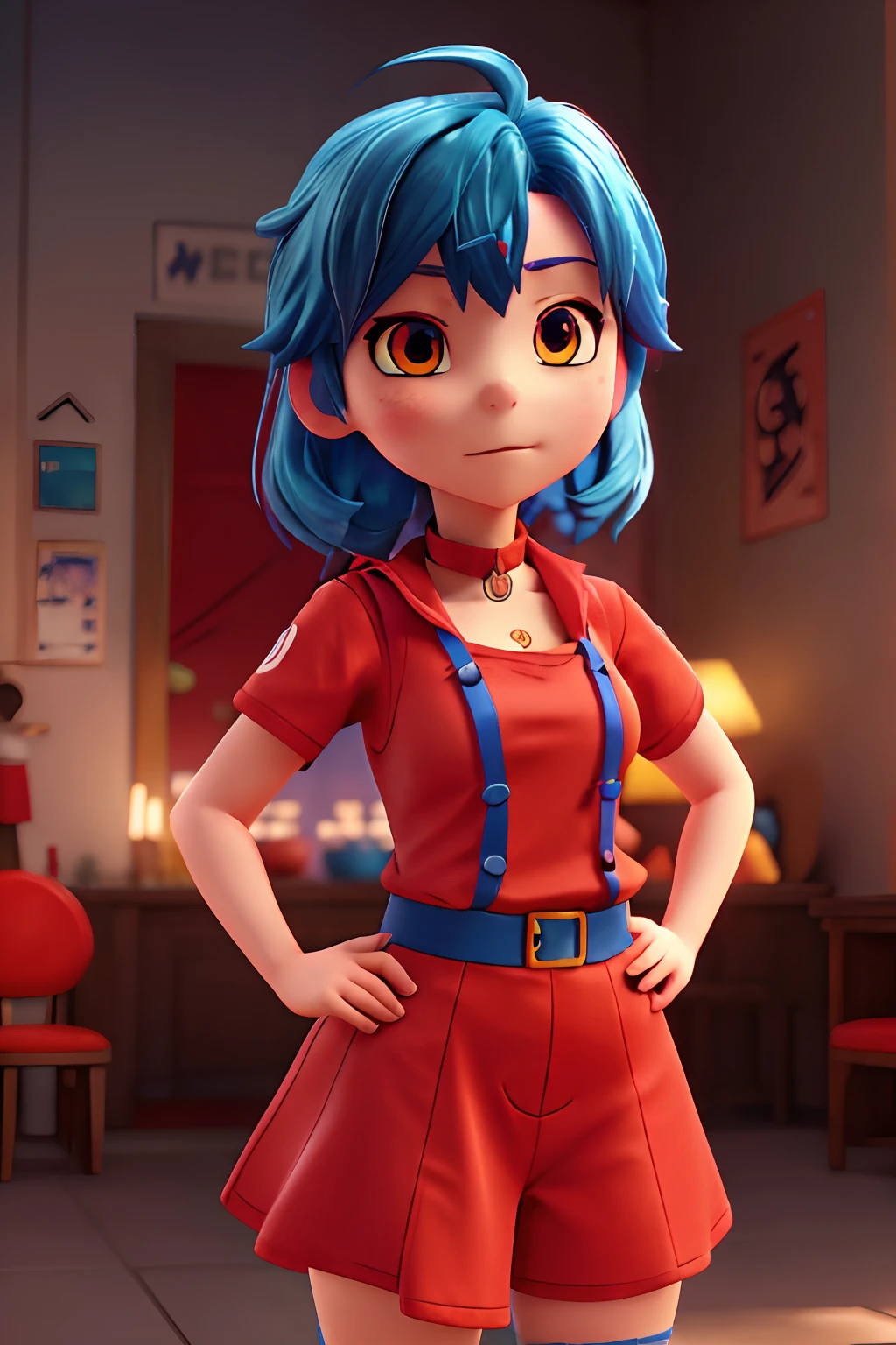 anime style, female character, (((red clothes))), (((blue hair))), short hair, purple choker, yellow eyes, red maid uniform, detailed, 8k, high quality, emotional effects, anime style