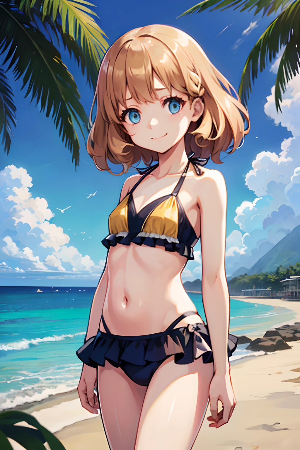 (Best Quality:1.5, hight resolution,masutepiece、high-level image quality, 4K, Detailed Lighting, Shaders),(The bikini:1.4),embarrassed、A smile、(flat chest,***********:1.3)(the beach:1.4)、(flashes、Showing:1.3)