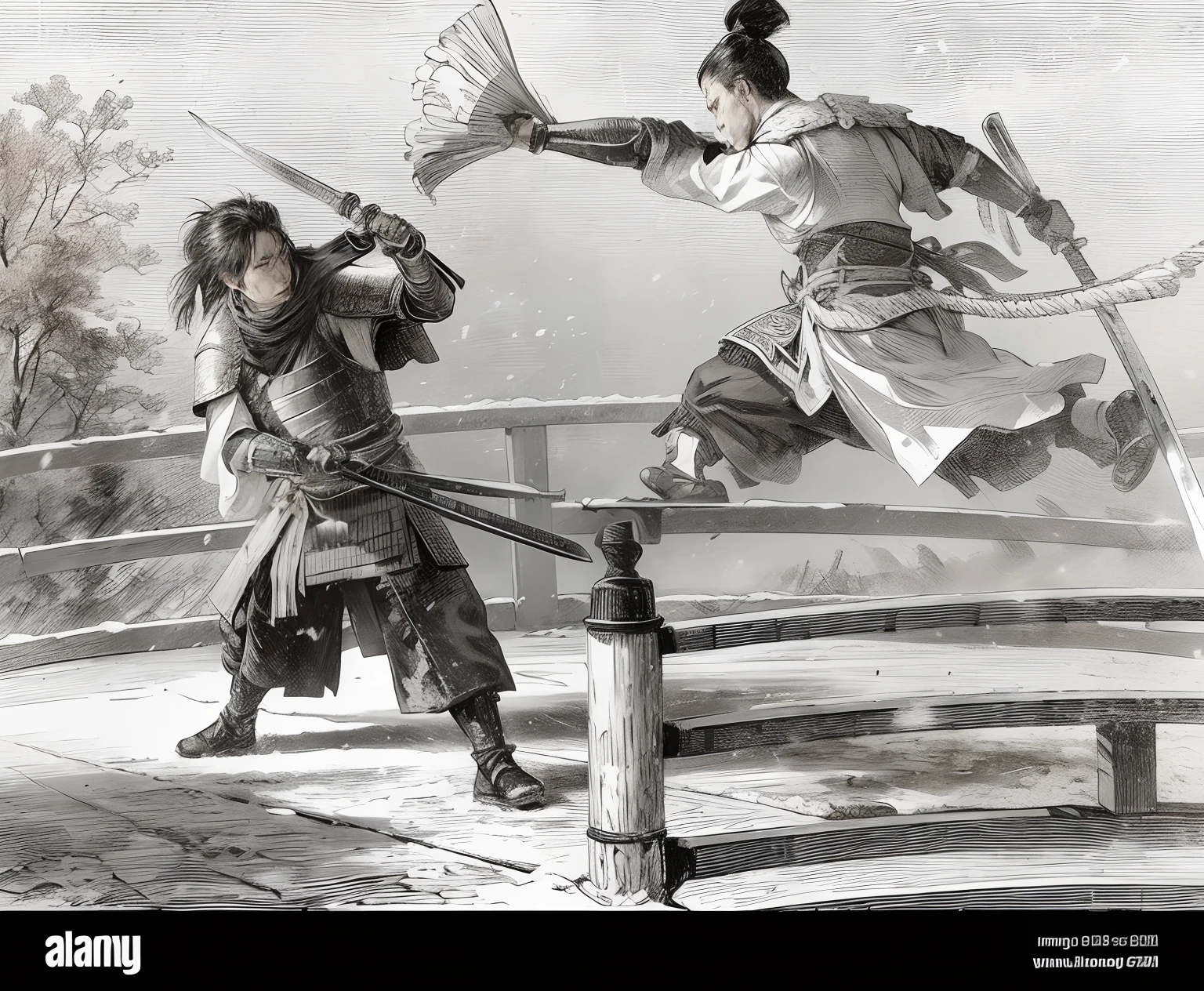 black leather gloves on hands, hands on grips, no hands on blades, blades have one handle end and one blade end, mouth closed no grimis, samurais fighting in the snows of winter, Zatoichi, the blind swordsman, snow, falling snow, night, evening, impressionism, hyperdetailed, 24k resolution, no samurai fights without proper blade position, no samurais without proper swords, no broken blades,