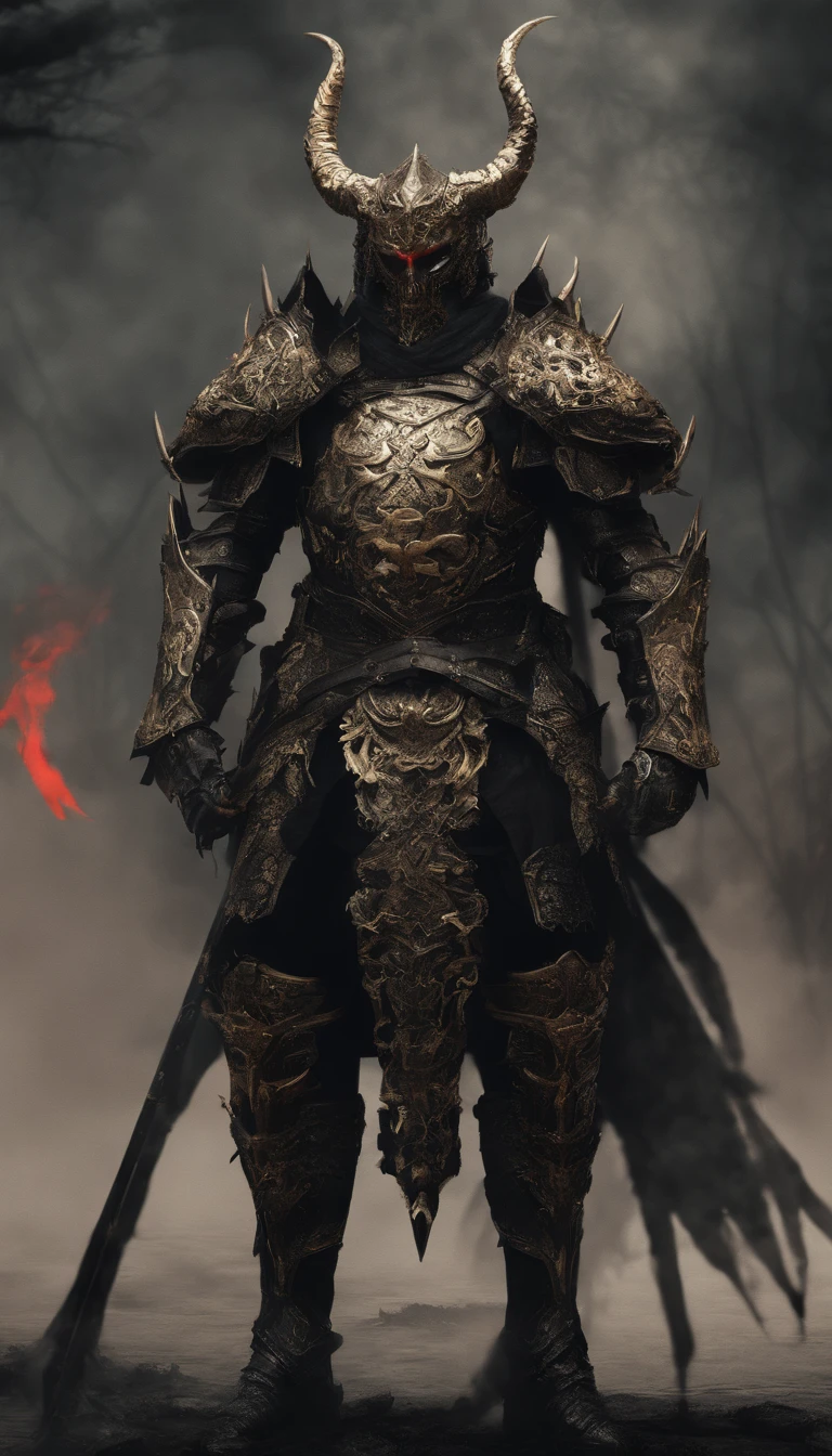 warrior, concept-art, author：Kishiganku, Fantasy art, battleground background, clean render, a horned, Wear a suit of armor, Detailed bushido form smoke, helmet of a forgotten deity, character is standing, 8k Realistic, in game render, detailed face background detail, Art station front page, taur, Pseudo-medieval fantasy, A deity wearing koi armor, detailed bronze armor, Bronze armor, golden etched armor, gold obsidian armor, Light gold armor, Gorgeous filigree armor, A demonic warrior, Gorgeous armor full of thorns, Intricate assasin armor, Intricate metal armor, powerful warrior, Dressed in gorgeous gold armor，Decorated with intricate patterns, The helmet has a large crown and two horns,Glowing red eyes， Everything is in the dark, The smoky background hints at battle scenes, Add an ominous aura to his character，submission, Full body shot.