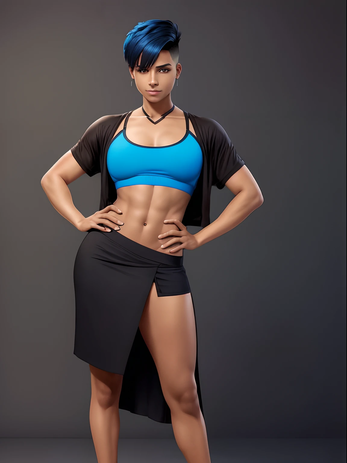 Nonbinary, androgynous, short hair, undercut, black sports bra, flat chest, blue hair, partial nudity, standing, hand on hip, smirk, skirt, mexican, dark skin, cute, sexy, seductive, huge penis, flaccid, dick hanging out of skirt