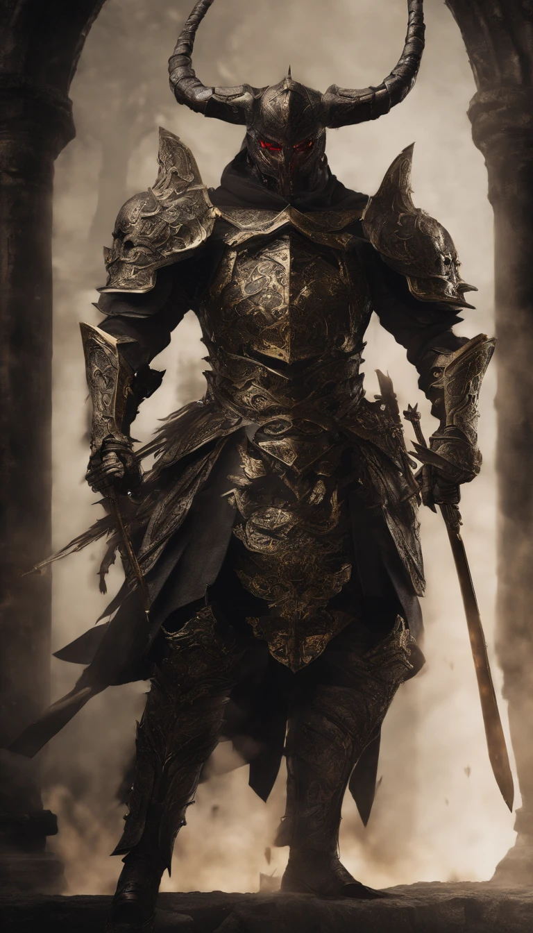 warrior, concept-art, author：Kishiganku, Fantasy art, battleground background, clean render, a horned, Wear a suit of armor, Detailed bushido form smoke, helmet of a forgotten deity, character is standing, 8k Realistic, in game render, detailed face background detail, Art station front page, taur, Pseudo-medieval fantasy, A deity wearing koi armor, detailed bronze armor, Bronze armor, golden etched armor, gold obsidian armor, Light gold armor, Gorgeous filigree armor, A demonic warrior, Gorgeous armor full of thorns, Intricate assasin armor, Intricate metal armor, powerful warrior, Dressed in gorgeous gold armor，Decorated with intricate patterns, The helmet has a large crown and two horns,Glowing red eyes， Everything is in the dark, The smoky background hints at battle scenes, Add an ominous aura to his character，submission, Full body shot.