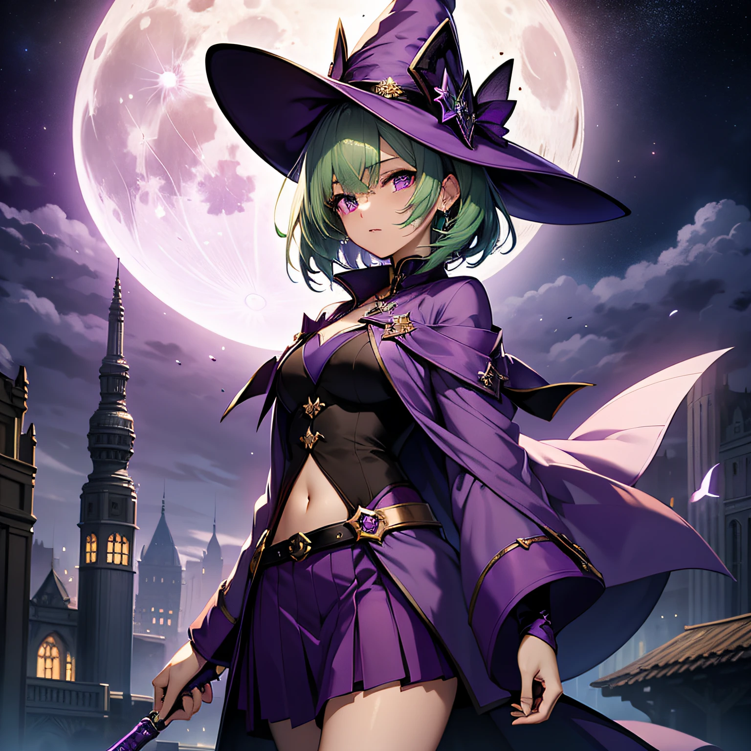 top-quality、extremely delicate and beautiful、(A teenage girl)、Purple Eye、Green hair、short-haired、(purple witch hat)、Purple tie、Soio、shortsleeves、Purple skirt、Purple Wizard Robe、Navel、is standing、Full moon night on background