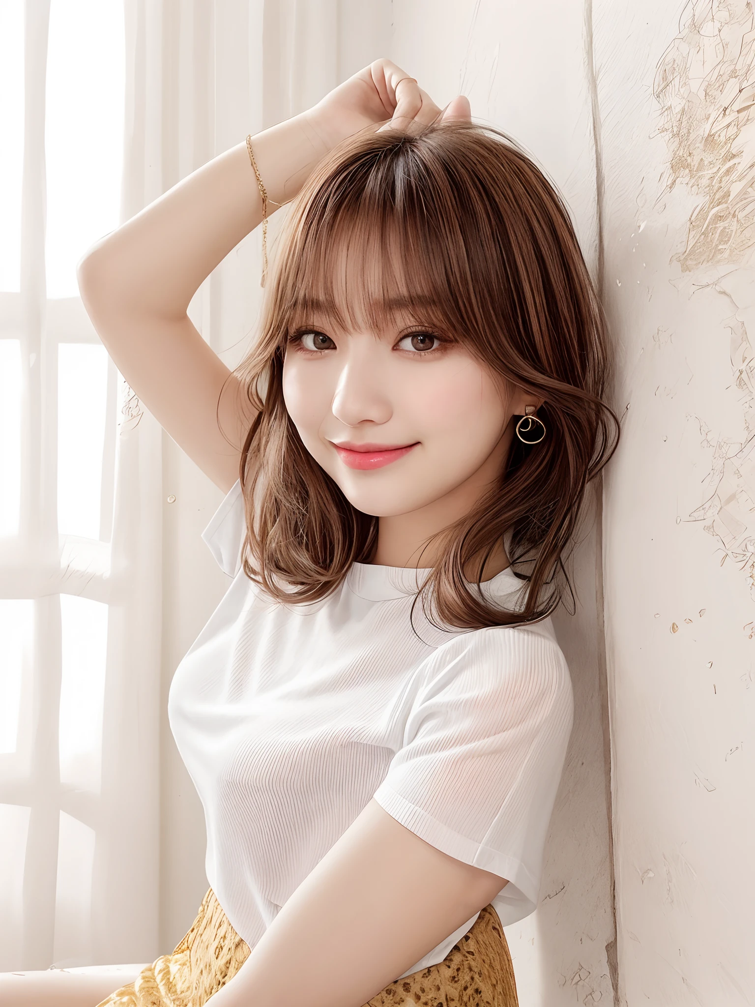Pee (incontinence: 1.47), fashion trendy beautiful and attractive woman, gentle and attractive Chinese beautiful woman, Korean (kpop idol), delicate and sexy collarbone, attractive oval face, double eyelids, smart [peach] flower eyes, pink lips, small nose, bare shoulders, focus on face, [[face close-up], ultra high definition, super detail, White off-shoulder lace shirt, (((white lace panties), fresh and impressive, natural (large: 1.25), (kneel on the ground), (legs wide open), (legs spread), (from a low angle), (upright 1.5), (shiny skin: 1.4), (low angle)), perfect figure, areola, cleavage, armpit wrinkles, (floor urine)), (NSFW: 1.05), ( Showpiece, top quality, high precision)), one girl, (big, photorealistic: 1.4), (slightly above the camera, looking up at the camera, looking up, looking up at the camera, staring at the camera))), solo, solo, white background, snow-white background, mouth closed, happy smile, pretty black hair, short hair, big eyes, pronounced double eyelids, eyelashes, ears out, long neck, long neck, Absolute area, ((close-up of face, short hair with bangs)), 19 years old, attractive proportions, shiny skin, clean collarbone, golden ratio face, perfect face, teardrop mole, chest mole, bangs, clean bangs, beautiful bangs, lip gloss, thin lips, white skin, undressed, big breasts, small face, staring at the camera a little upwards, ((smiling a little at the camera, really nothing pure white background, very big, big big, big breasts)), ((((uniform, shirt))))