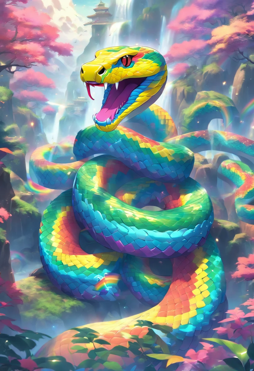 (((Rainbow Snake))) best quality, very high resolution, 4K detailed CG, master piece,Valleys,Mountains, Forest,aesthetics, ((Rainbow Serpent)), Beautiful image, centered on the screen