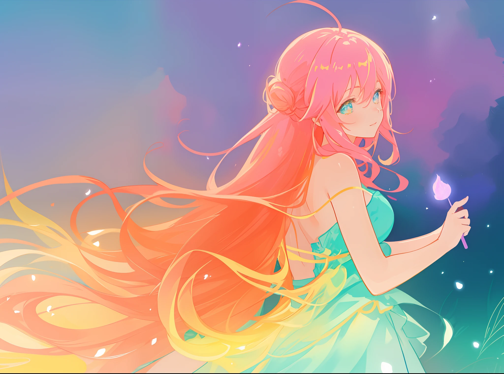 beautiful anime girl, vibrant pastel colors, (colorful), magical lights, long flowing colorful hair, inspired by Glen Keane, inspired by Lois van Baarle, disney art style, by Lois van Baarle, glowing aura around her, by Glen Keane, jen bartel, glowing lights! digital painting, flowing glowing hair, glowing flowing hair, beautiful digital illustration, fantasia background, whimsical, magical, fantasy, beautiful face, ((masterpiece, best quality)), intricate details, highly detailed, sharp focus, 8k resolution, sparkling detailed eyes, liquid watercolor