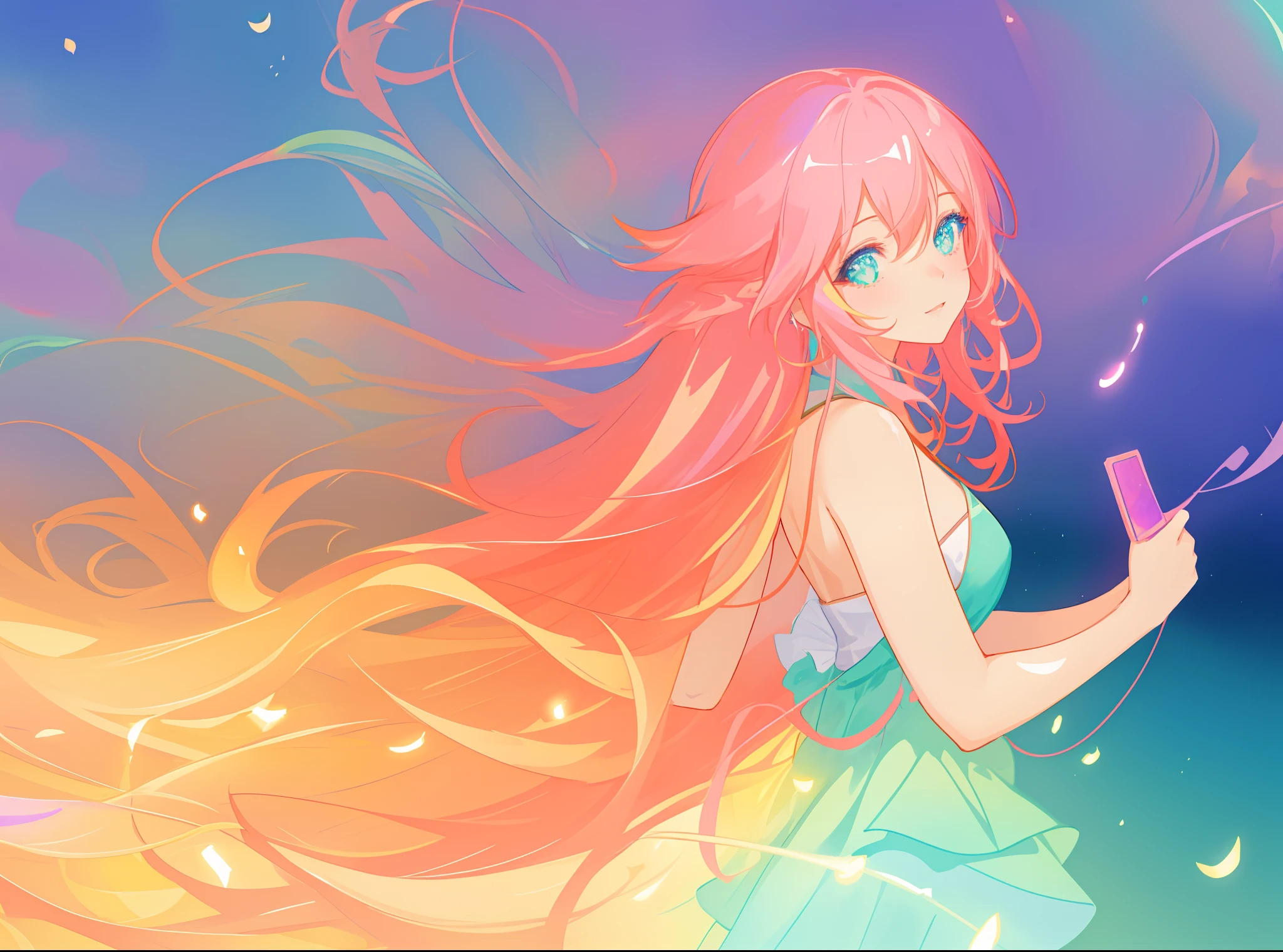 beautiful anime girl, vibrant pastel colors, (colorful), magical lights, long flowing colorful hair, inspired by Glen Keane, inspired by Lois van Baarle, disney art style, by Lois van Baarle, glowing aura around her, by Glen Keane, jen bartel, glowing lights! digital painting, flowing glowing hair, glowing flowing hair, beautiful digital illustration, fantasia background, whimsical, magical, fantasy, beautiful face, ((masterpiece, best quality)), intricate details, highly detailed, sharp focus, 8k resolution, sparkling detailed eyes, liquid watercolor