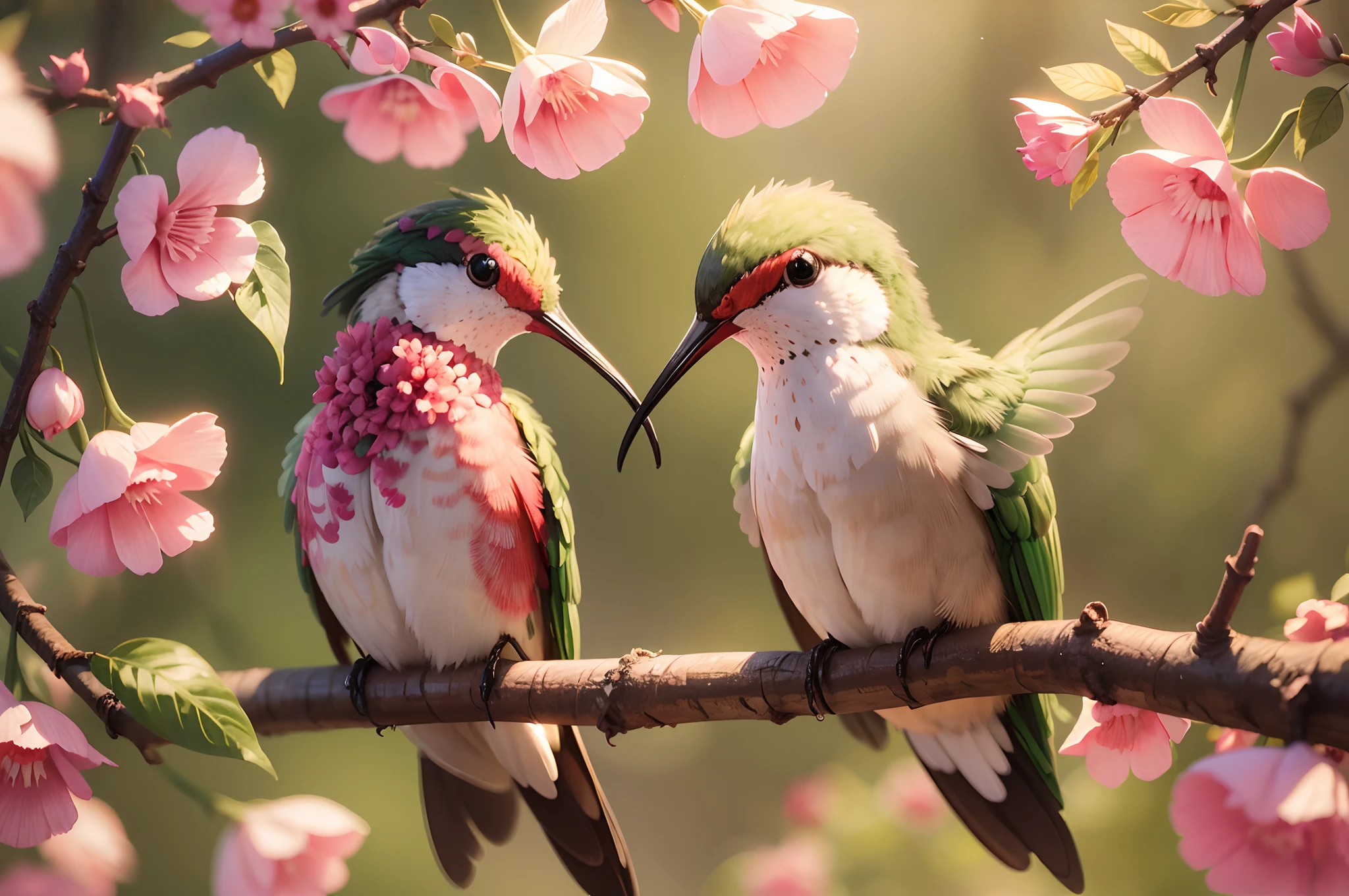 Couple Of Hummingbirds On Tree Branches With Flower Painting