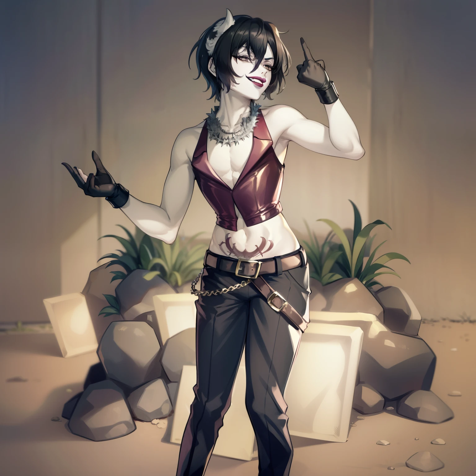 ((1 boy , Solo)) ((anatomically accurate)), Highest quality, high Aesthetic ((Masterpiece))
(RockOfSuccubus), Midriff, belt, pants, (tattoo:1.1), pubic tattoo,makeup, (colored skin:1.3), (lips), (black lips:1.3),(lipstick), (pale skin:1.5),cross-laced clothes,Punk Clothes (spiked bracelet), necklace, Dazai Osamu, Grinning , Tounge out , Devil horns hand sign, (( messy Black hair )), Rock concert Background))