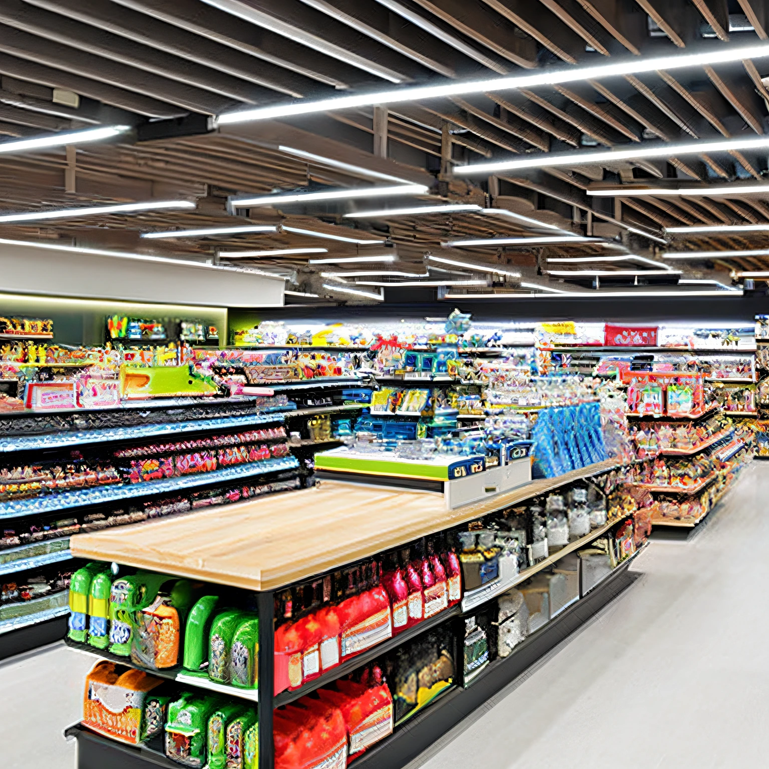 Department store supermarket design，On both sides are shelves，Middle aisle，Department store supermarket shelves，Washing supplies 、household items 、Cooking utensils(There are categories by kitchen and bathroom supplies) 、Decorative supplies、 cosmetics 、bedding