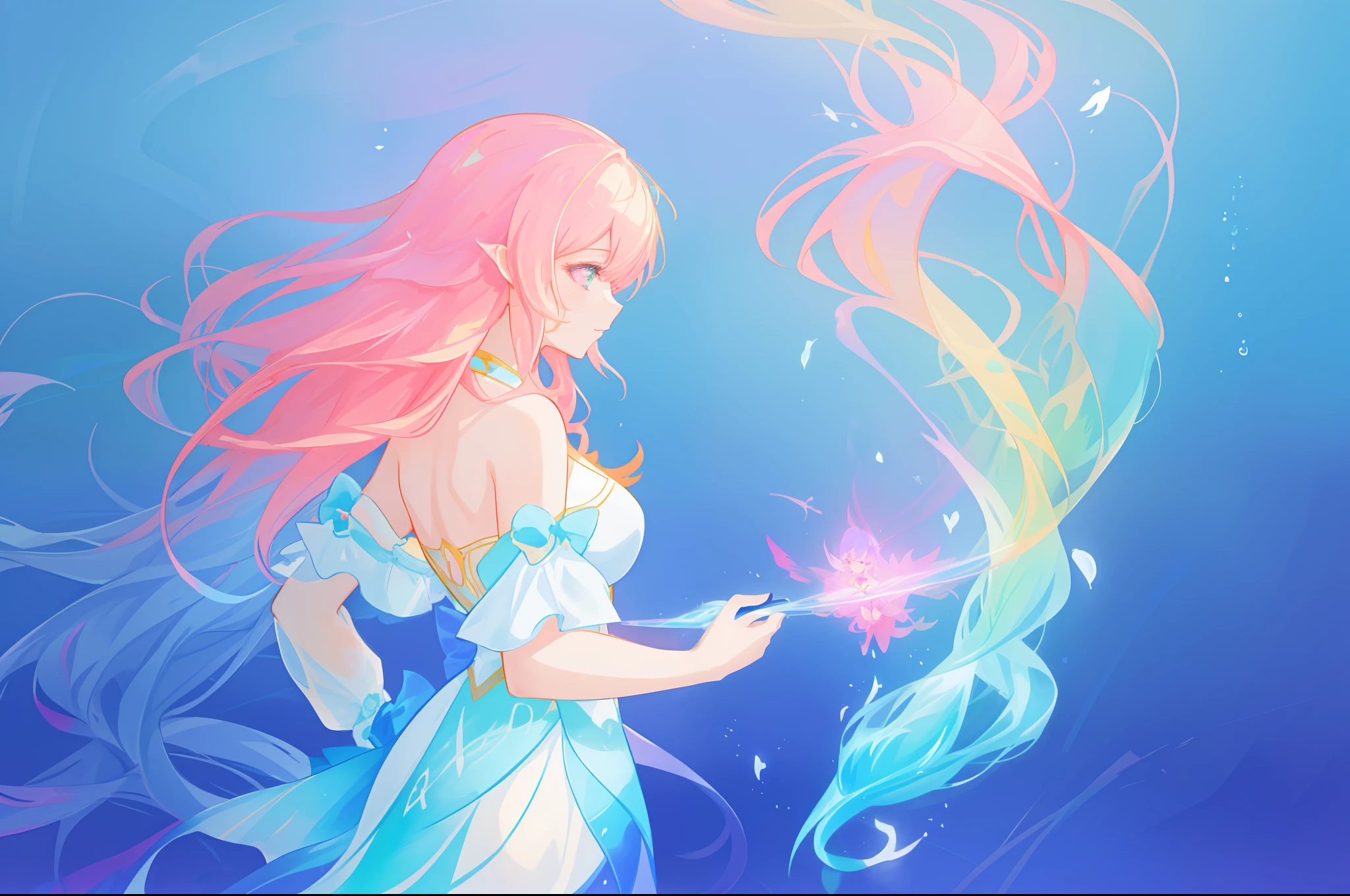 beautiful anime girl in colorful dress made of water, vibrant pastel colors, (colorful), magical liquid lights, colorful long hair made of liquid light, sparkling lines of light, inspired by Glen Keane, inspired by Lois van Baarle, disney art style, by Lois van Baarle, glowing aura around her, by Glen Keane, jen bartel, glowing lights! digital painting, flowing glowing hair, glowing flowing hair, beautiful digital illustration, fantasia background, whimsical, magical, fantasy, beautiful face, ((masterpiece, best quality)), intricate details, highly detailed, sharp focus, 8k resolution, sparkling detailed eyes, liquid watercolor