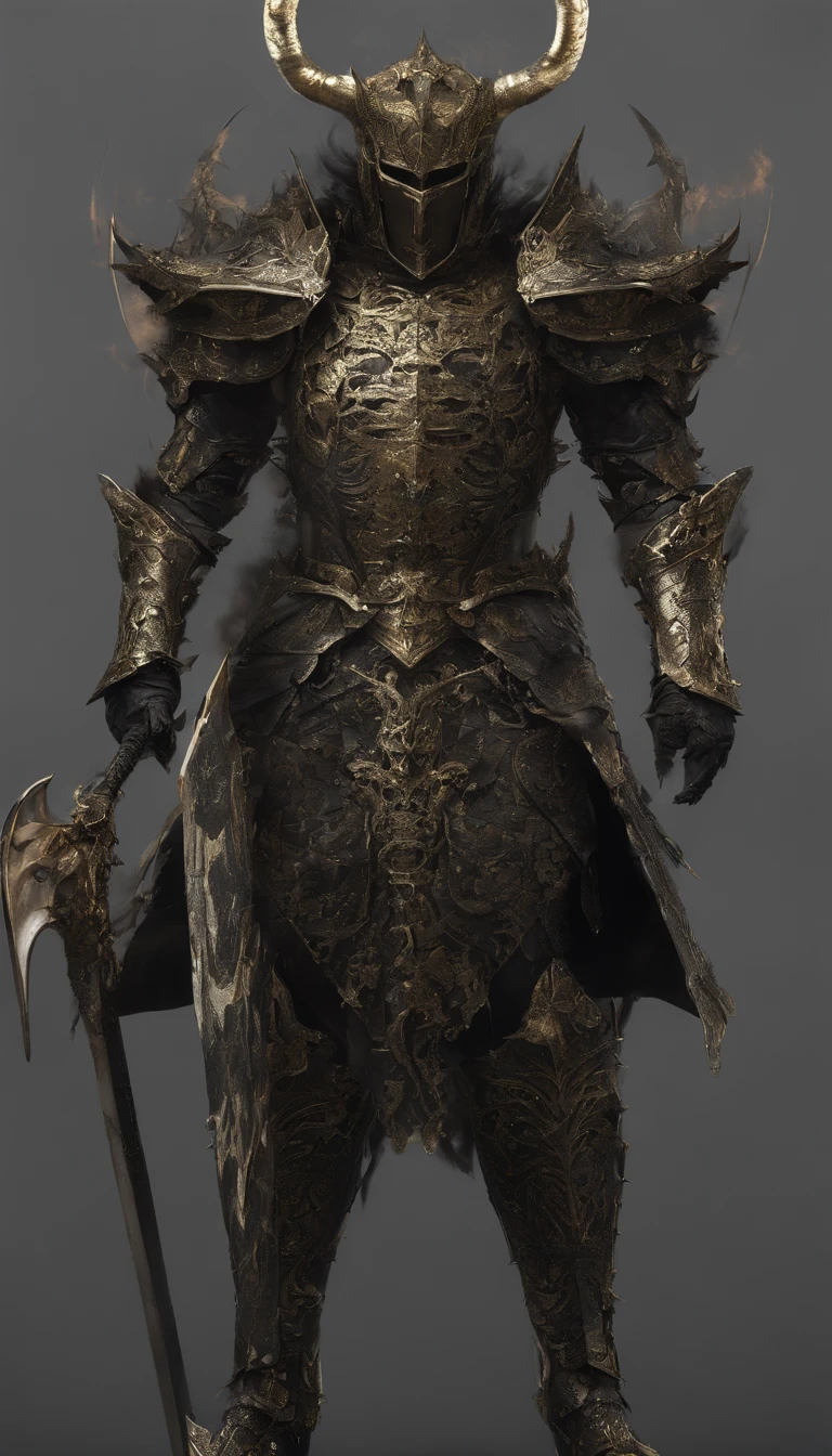 warrior, concept-art, author:Kishiganku, Fantasy art, battleground background, clean render, a horned, Wear a suit of armor, Detailed bushido form smoke, helmet of a forgotten deity, character is standing, 8k Realistic, in game render, detailed face background detail, Art station front page, taur, Pseudo-medieval fantasy, A deity wearing koi armor, detailed bronze armor, Bronze armor, golden etched armor, gold obsidian armor, Light gold armor, Gorgeous filigree armor, A demonic warrior, Gorgeous armor full of thorns, Intricate assasin armor, Intricate metal armor, powerful warrior, Dressed in gorgeous gold armor,Decorated with intricate patterns, The helmet has a large crown and two horns,Glowing red eyes, Everything is in the dark, The smoky background hints at battle scenes, Add an ominous aura to his character,submission, Full body shot.