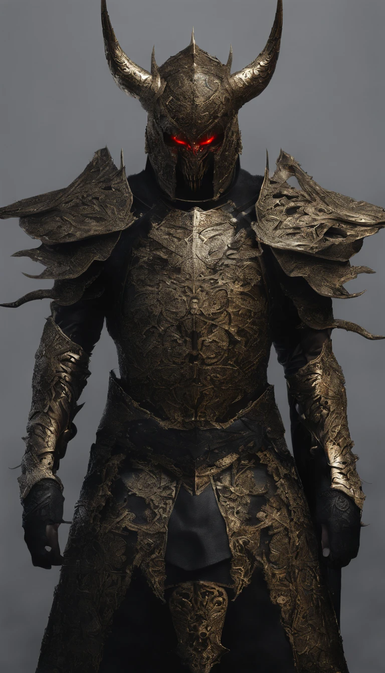 warrior, concept-art, author:Kishiganku, Fantasy art, battleground background, clean render, a horned, Wear a suit of armor, Detailed bushido form smoke, helmet of a forgotten deity, character is standing, 8k Realistic, in game render, detailed face background detail, Art station front page, taur, Pseudo-medieval fantasy, A deity wearing koi armor, detailed bronze armor, Bronze armor, golden etched armor, gold obsidian armor, Light gold armor, Gorgeous filigree armor, A demonic warrior, Gorgeous armor full of thorns, Intricate assasin armor, Intricate metal armor, powerful warrior, Dressed in gorgeous gold armor,Decorated with intricate patterns, The helmet has a large crown and two horns,Glowing red eyes, Everything is in the dark, The smoky background hints at battle scenes, Add an ominous aura to his character,submission, Full body shot.