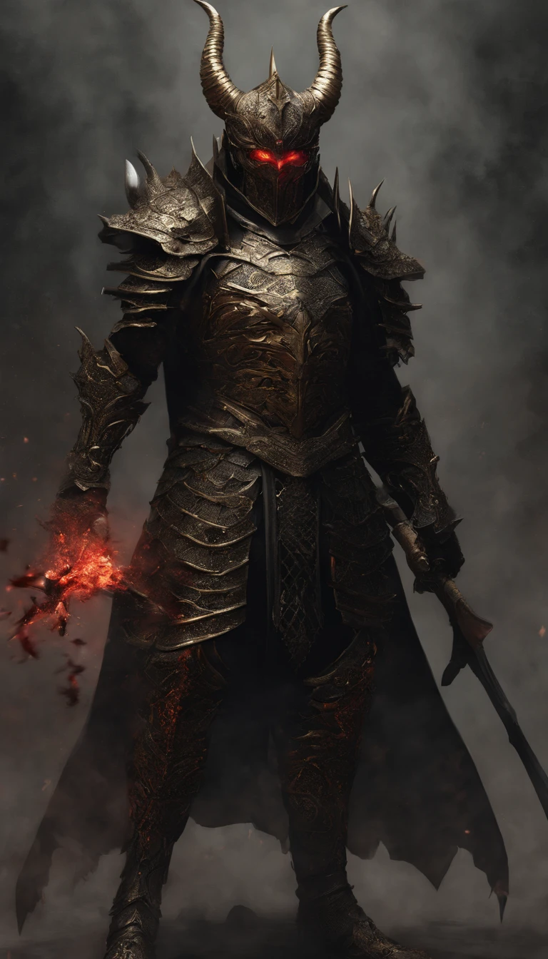 warrior, concept-art, author：Kishiganku, Fantasy art, battleground background, clean render, a horned, Wear a suit of armor, Detailed bushido form smoke, helmet of a forgotten deity, character is standing, 8k Realistic, in game render, detailed face background detail, Art station front page, taur, Pseudo-medieval fantasy, A deity wearing koi armor, detailed bronze armor, Bronze armor, golden etched armor, gold obsidian armor, Light gold armor, Gorgeous filigree armor, A demonic warrior, Gorgeous armor full of thorns, Intricate assasin armor, Intricate metal armor, powerful warrior, Dressed in gorgeous gold armor，Decorated with intricate patterns, The helmet has a large crown and two horns,Glowing red eyes， Everything is in the dark, The smoky background hints at battle scenes, Add an ominous aura to his character，submission, Full body shot.