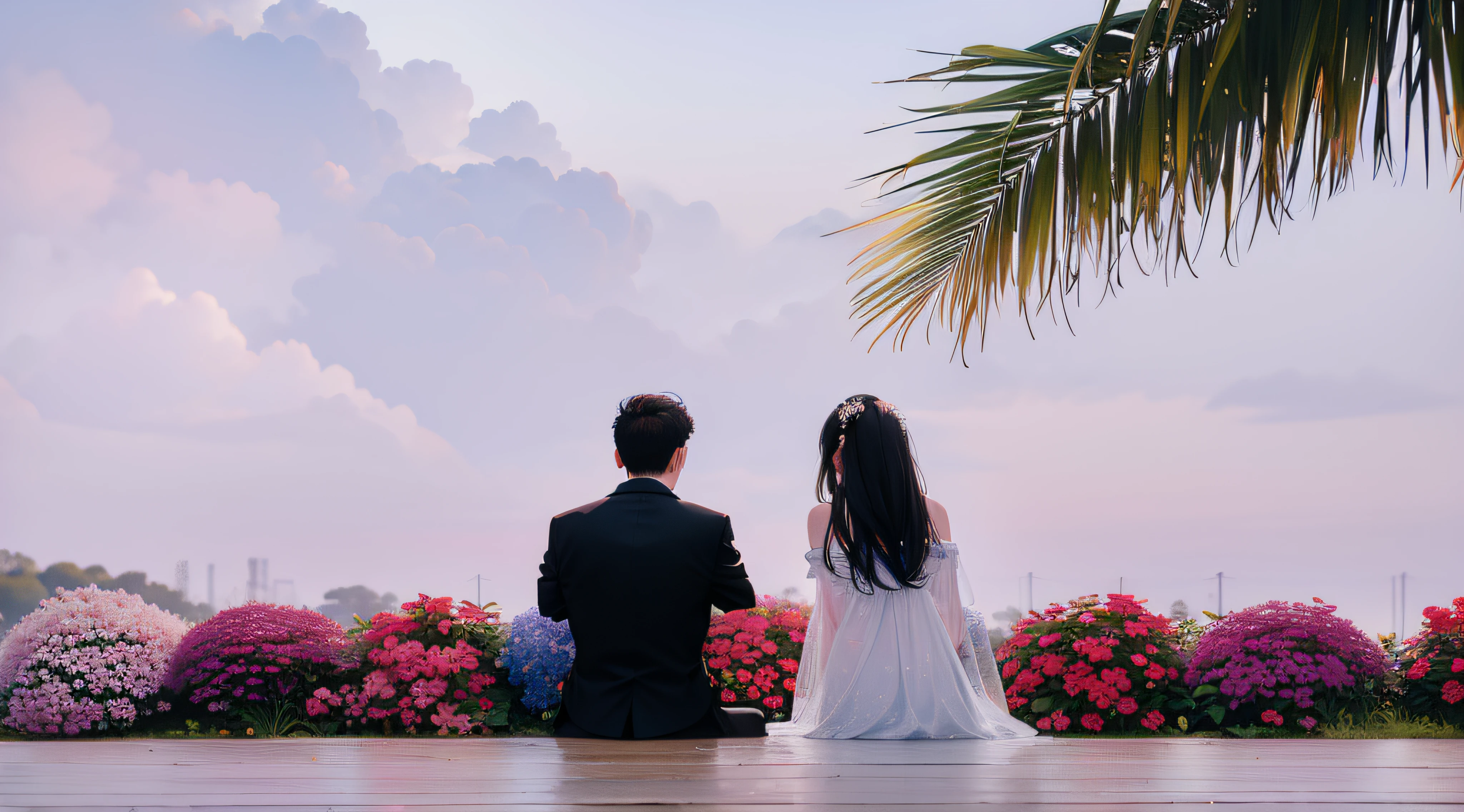 there are two people sitting on a bench looking at flowers, lovely couple, looking off into the distance, romantic couple, haze over the shoulder shot, looking at each other mindlessly, shot on sony a 7, couple, shot on leica sl2, low - angle shot from behind, shot on canon eos r5, shot on canon eos r 5