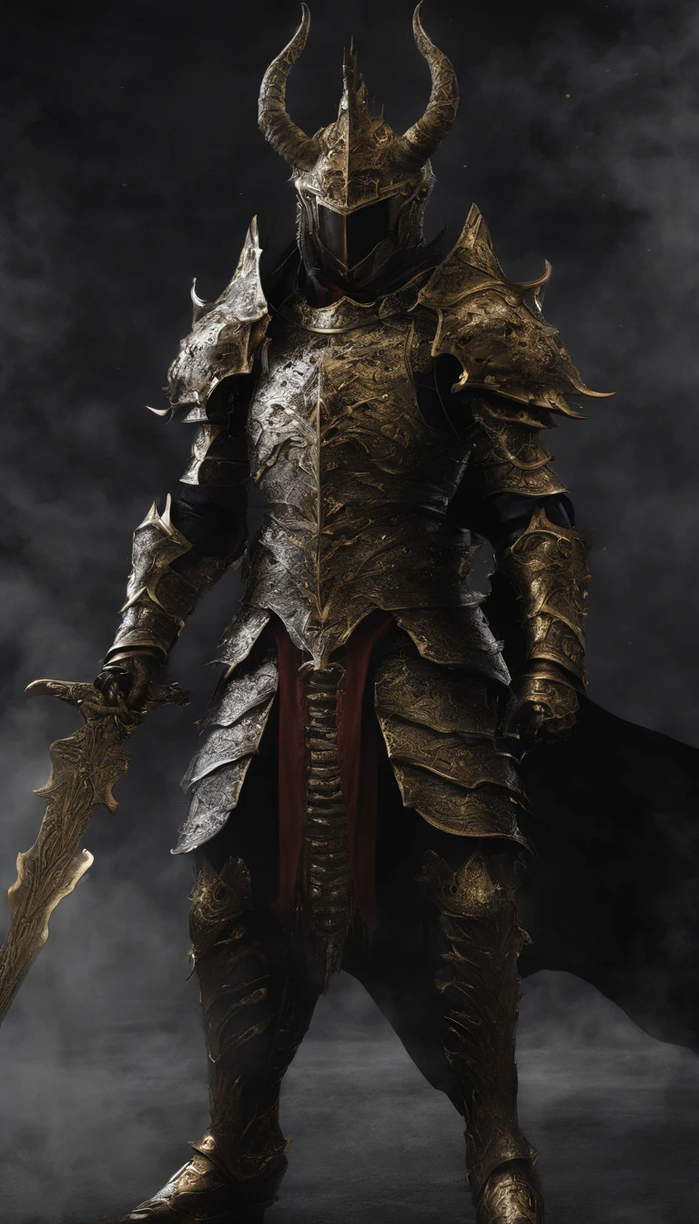 warrior, concept-art, author：Kishiganku, Fantasy art, battleground background, clean render, a horned, Wear a suit of armor, Detailed bushido form smoke, helmet of a forgotten deity, character is standing, 8k Realistic, in game render, detailed face background detail, Art station front page, taur, Pseudo-medieval fantasy, A deity wearing koi armor, detailed bronze armor, Bronze armor, golden etched armor, gold obsidian armor, Light gold armor, Gorgeous filigree armor, A demonic warrior, Gorgeous armor full of thorns, Intricate assasin armor, Intricate metal armor, powerful warrior, Dressed in gorgeous gold armor，Decorated with intricate patterns, The helmet has a large crown and two horns,Glowing red eyes， Everything is in the dark, The smoky background hints at battle scenes, Add an ominous aura to his character，submission, Full body shot.