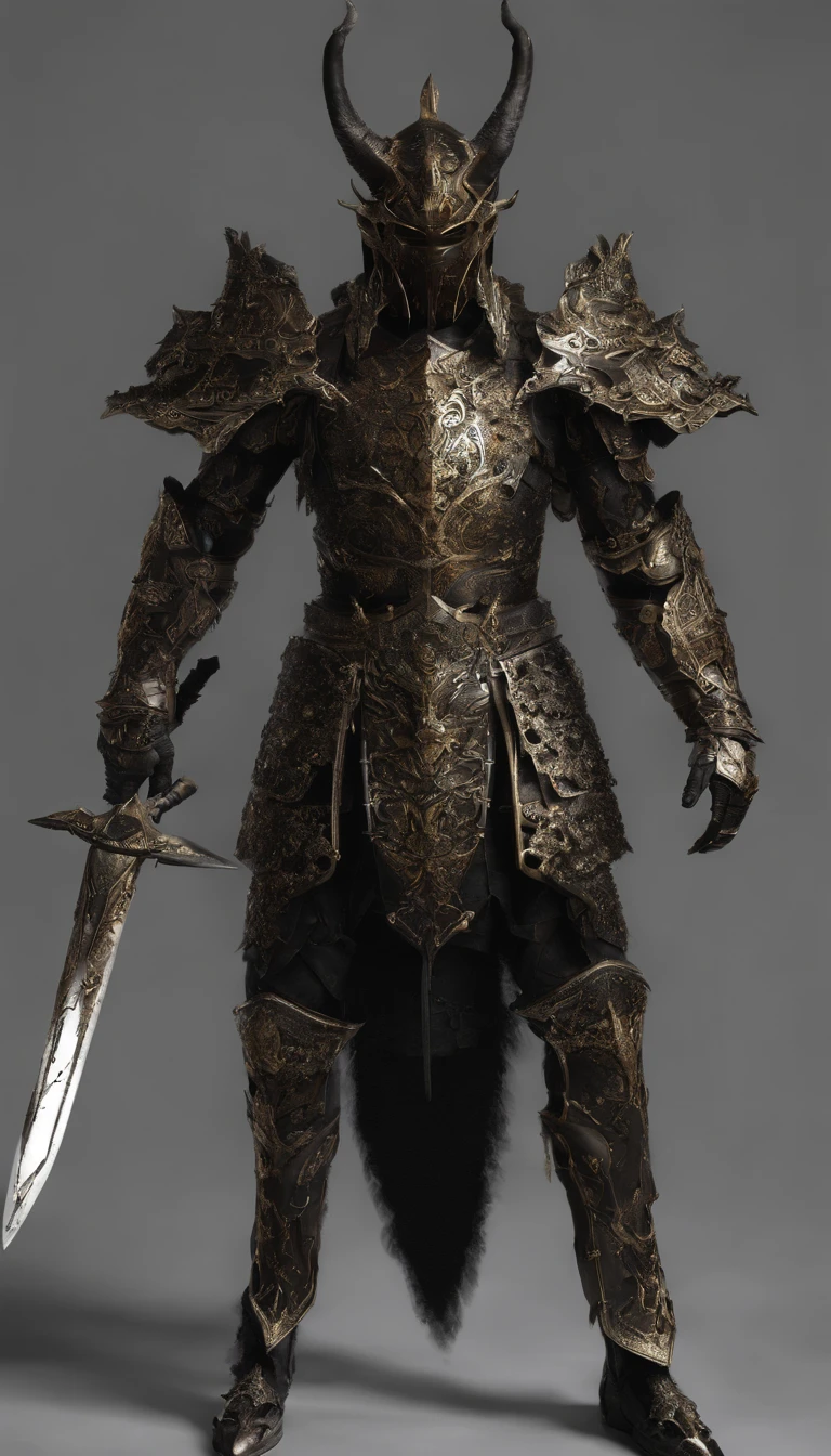 warrior, concept-art, author：Kishiganku, Fantasy art, battleground background, clean render, a horned, Wear a suit of armor, Detailed bushido form smoke, helmet of a forgotten deity, character is standing, 8k Realistic, in game render, detailed face background detail, Art station front page, taur, Pseudo-medieval fantasy, A deity wearing koi armor, detailed bronze armor, Bronze armor, golden etched armor, gold obsidian armor, Light gold armor, Gorgeous filigree armor, A demonic warrior, Gorgeous armor full of thorns, Intricate assasin armor, Intricate metal armor, powerful warrior, Dressed in gorgeous gold armor，Decorated with intricate patterns, The helmet has a large crown and two horns,Glowing red eyes， Everything is in the dark, The smoky background hints at battle scenes, Add an ominous aura to his character，submission, Full body shot.