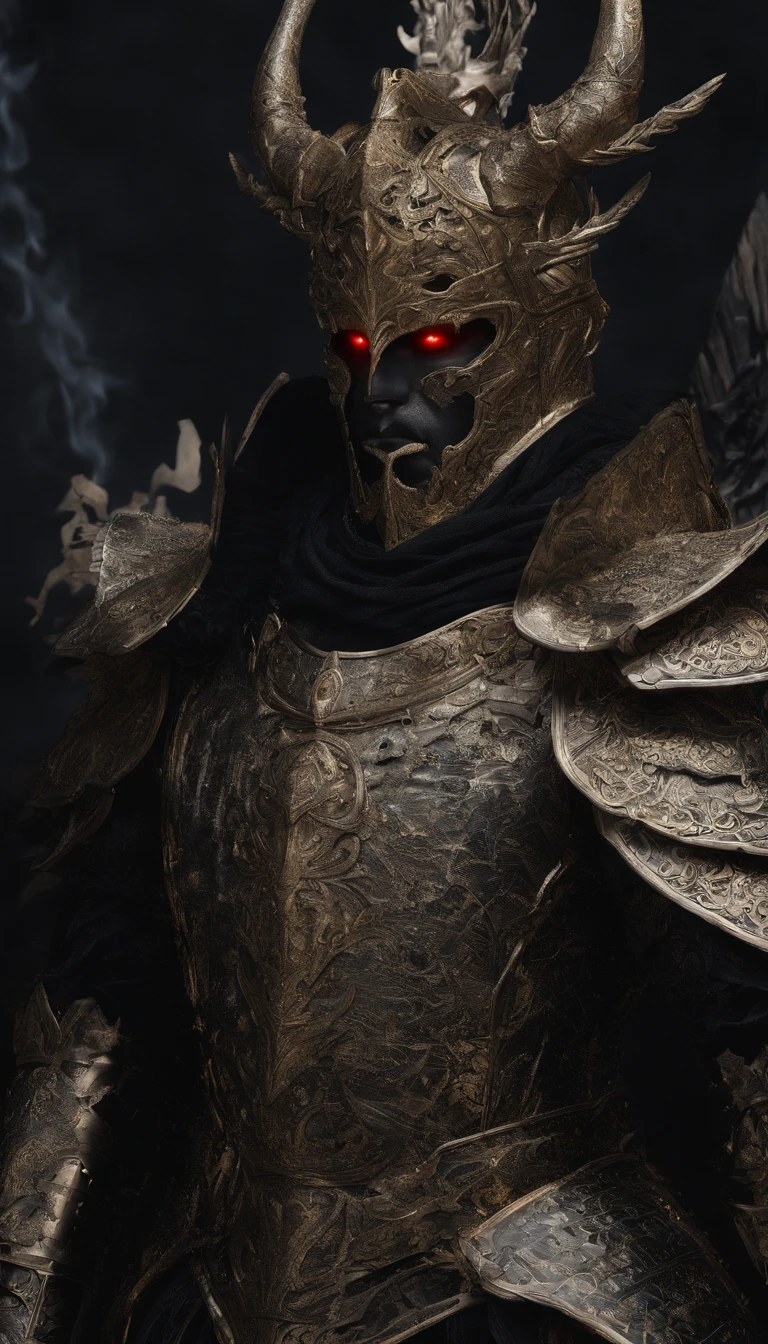 warrior, concept-art, author:Kishiganku, Fantasy art, battleground background, clean render, a horned, Wear a suit of armor, Detailed bushido form smoke, helmet of a forgotten deity, character is standing, 8k Realistic, in game render, detailed face background detail, Art station front page, taur, Pseudo-medieval fantasy, A deity wearing koi armor, detailed bronze armor, Bronze armor, golden etched armor, gold obsidian armor, Light gold armor, Gorgeous filigree armor, A demonic warrior, Gorgeous armor full of thorns, Intricate assasin armor, Intricate metal armor, powerful warrior, Dressed in gorgeous gold armor,Decorated with intricate patterns, The helmet has a large crown and two horns,Glowing red eyes, Everything is in the dark, The smoky background hints at battle scenes, Add an ominous aura to his character,submission, Full body shot.