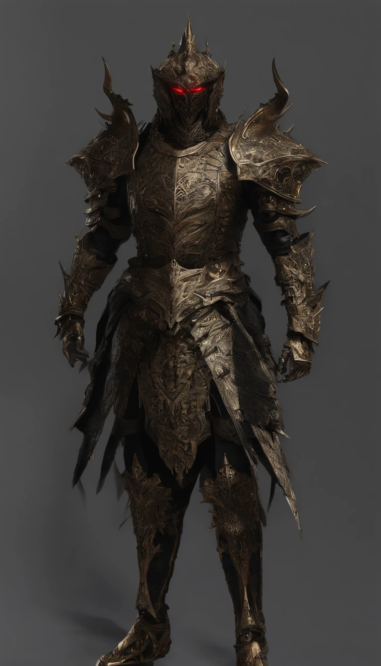 warrior, concept-art, author：Kishiganku, Fantasy art, battleground background, clean render, a horned, Wear a suit of armor, Detailed bushido form smoke, helmet of a forgotten deity, character is standing, 8k Realistic, in game render, detailed face background detail, Art station front page, taur, Pseudo-medieval fantasy, A deity wearing koi armor, detailed bronze armor, Bronze armor, golden etched armor, gold obsidian armor, Light gold armor, Gorgeous filigree armor, A demonic warrior, Gorgeous armor full of thorns, Intricate assasin armor, Intricate metal armor, powerful warrior, Dressed in gorgeous gold armor，Decorated with intricate patterns, The helmet has a large crown and two horns,Glowing red eyes， Everything is in the dark, The smoky background hints at battle scenes, Add an ominous aura to his character，submission, Full body shot.