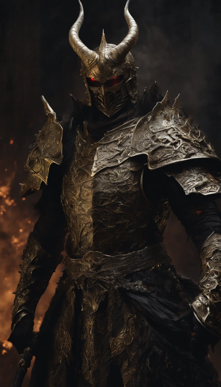 warrior, concept-art, author:Kishiganku, Fantasy art, battleground background, clean render, a horned, Wear a suit of armor, Detailed bushido form smoke, helmet of a forgotten deity, character is standing, 8k Realistic, in game render, detailed face background detail, Art station front page, taur, Pseudo-medieval fantasy, A deity wearing koi armor, detailed bronze armor, Bronze armor, golden etched armor, gold obsidian armor, Light gold armor, Gorgeous filigree armor, A demonic warrior, Gorgeous armor full of thorns, Intricate assasin armor, Intricate metal armor, powerful warrior, Dressed in gorgeous gold armor,Decorated with intricate patterns, The helmet has a large crown and two horns,Glowing red eyes, Everything is in the dark, The smoky background hints at battle scenes, Add an ominous aura to his character,submission, Full body shot.