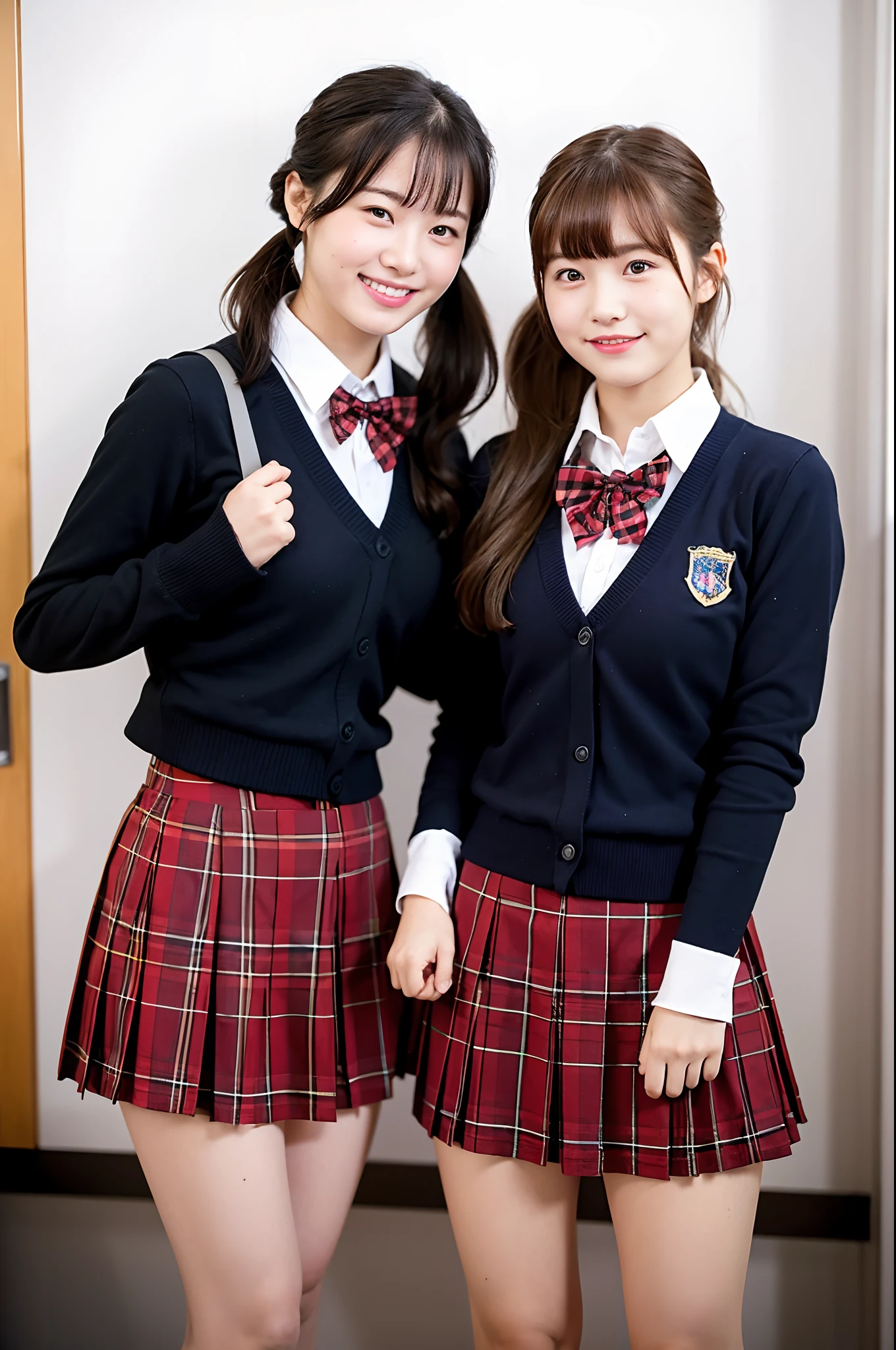 2 girls in school classroom,school uniform with pleated micro mini skirt,pink plaid bow tie,dark blue blazer,white thong,18-year-old,bangs,a little smiles,thighs,knees,crotch,low ponytail,from below