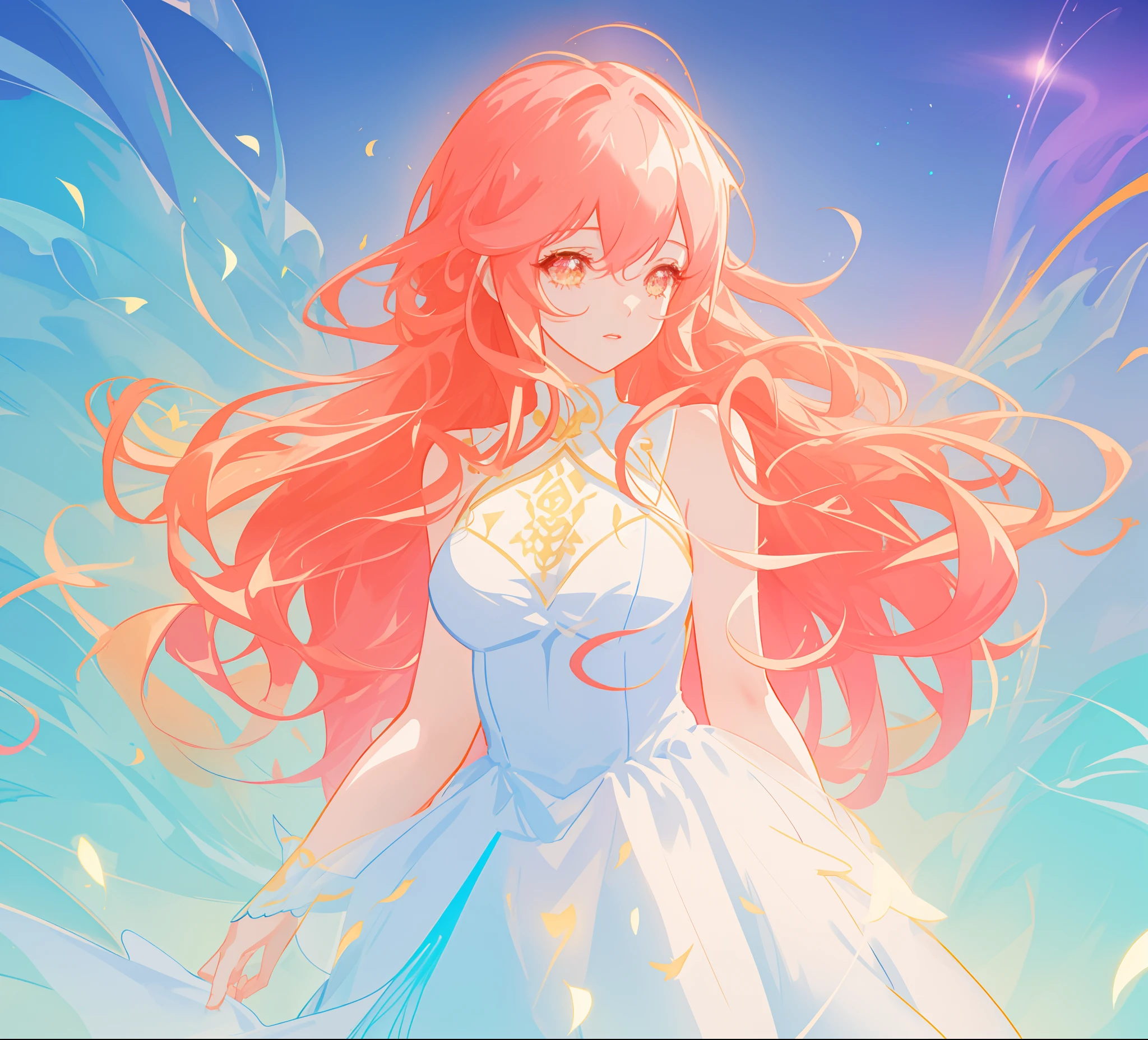 beautiful anime girl in white princess ballgown, vibrant pastel colors, (colorful), magical lights, red and gold long wavy curly hair, sparkling lines of light, inspired by Glen Keane, inspired by Lois van Baarle, disney art style, by Lois van Baarle, glowing aura around her, by Glen Keane, jen bartel, glowing lights! digital painting, flowing glowing hair, glowing flowing hair, beautiful digital illustration, fantasia background, whimsical, magical, fantasy, beautiful face, ((masterpiece, best quality)), intricate details, highly detailed, sharp focus, 8k resolution, sparkling detailed eyes, liquid watercolor