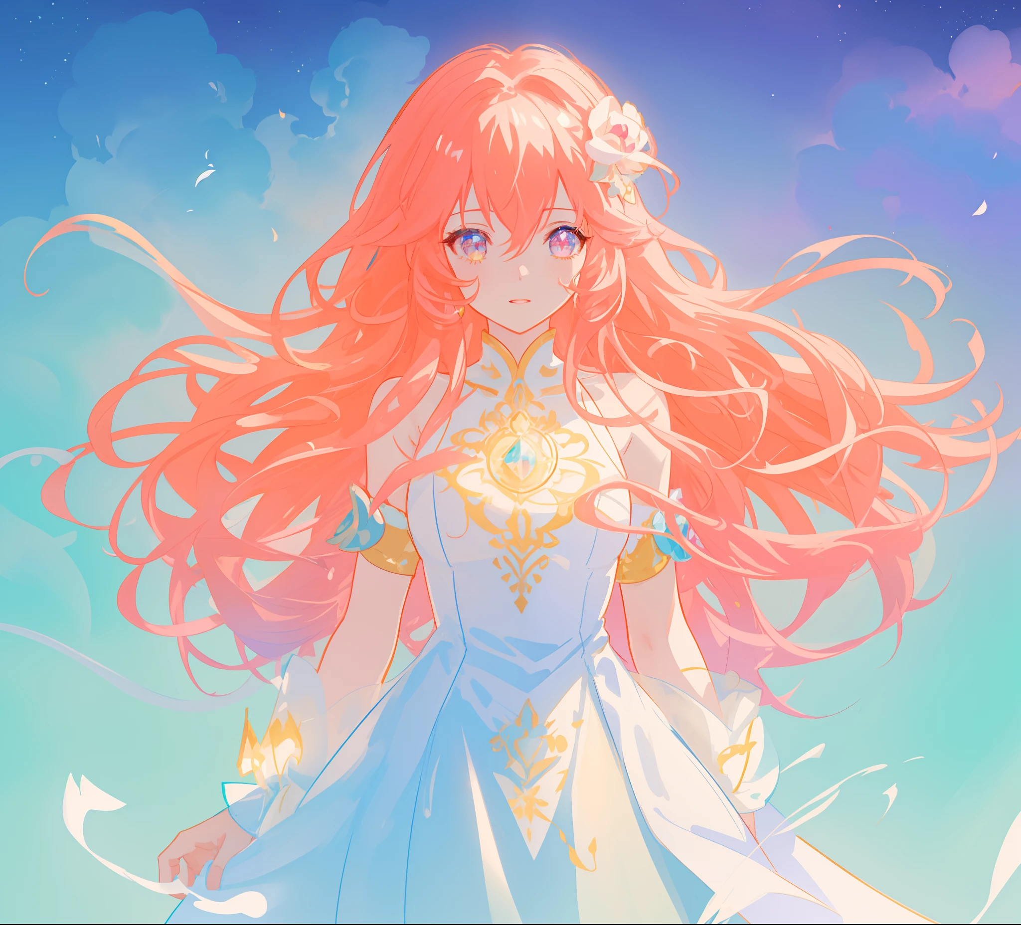 beautiful anime girl in white princess ballgown, vibrant pastel colors, (colorful), magical lights, red and gold long wavy curly hair, sparkling lines of light, inspired by Glen Keane, inspired by Lois van Baarle, disney art style, by Lois van Baarle, glowing aura around her, by Glen Keane, jen bartel, glowing lights! digital painting, flowing glowing hair, glowing flowing hair, beautiful digital illustration, fantasia background, whimsical, magical, fantasy, beautiful face, ((masterpiece, best quality)), intricate details, highly detailed, sharp focus, 8k resolution, sparkling detailed eyes, liquid watercolor