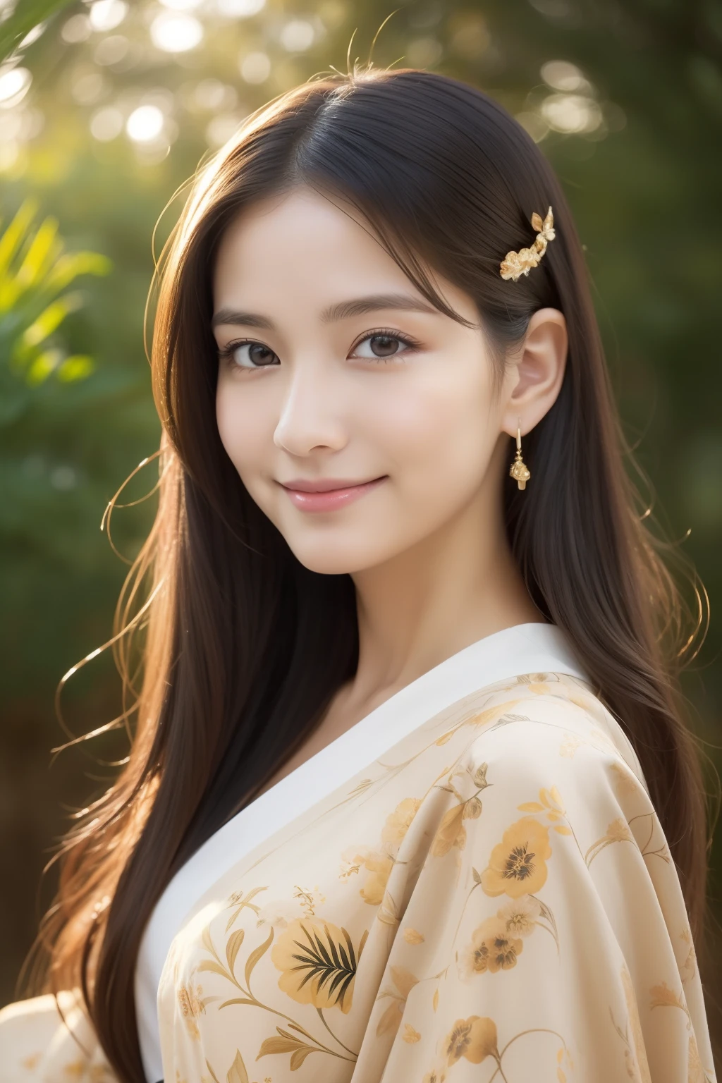 Absurd, Ultra-detailed, High quality, masutepiece, Detailed face, Beautiful eyes(Detailed eyes), goddess of greek mythology, hestia, Goddess of the hearth and house, Gentle and elegant, The face exudes warmth and tenderness, Eyes described as soft and pleasant, Maintain a calm and steady gaze, Black hair color , The golden hue of her hair is、Reflects her role as the goddess of the furnace , Falling into gentle waves, Hair is decorated with simple floral accents, The overall appearance is simple and discreet, The fabric of her garment is usually、Softly painted in earth tones, Beauty is not found in extravagant ornaments, Her smile is calm and welcoming、Kimono for Japan people