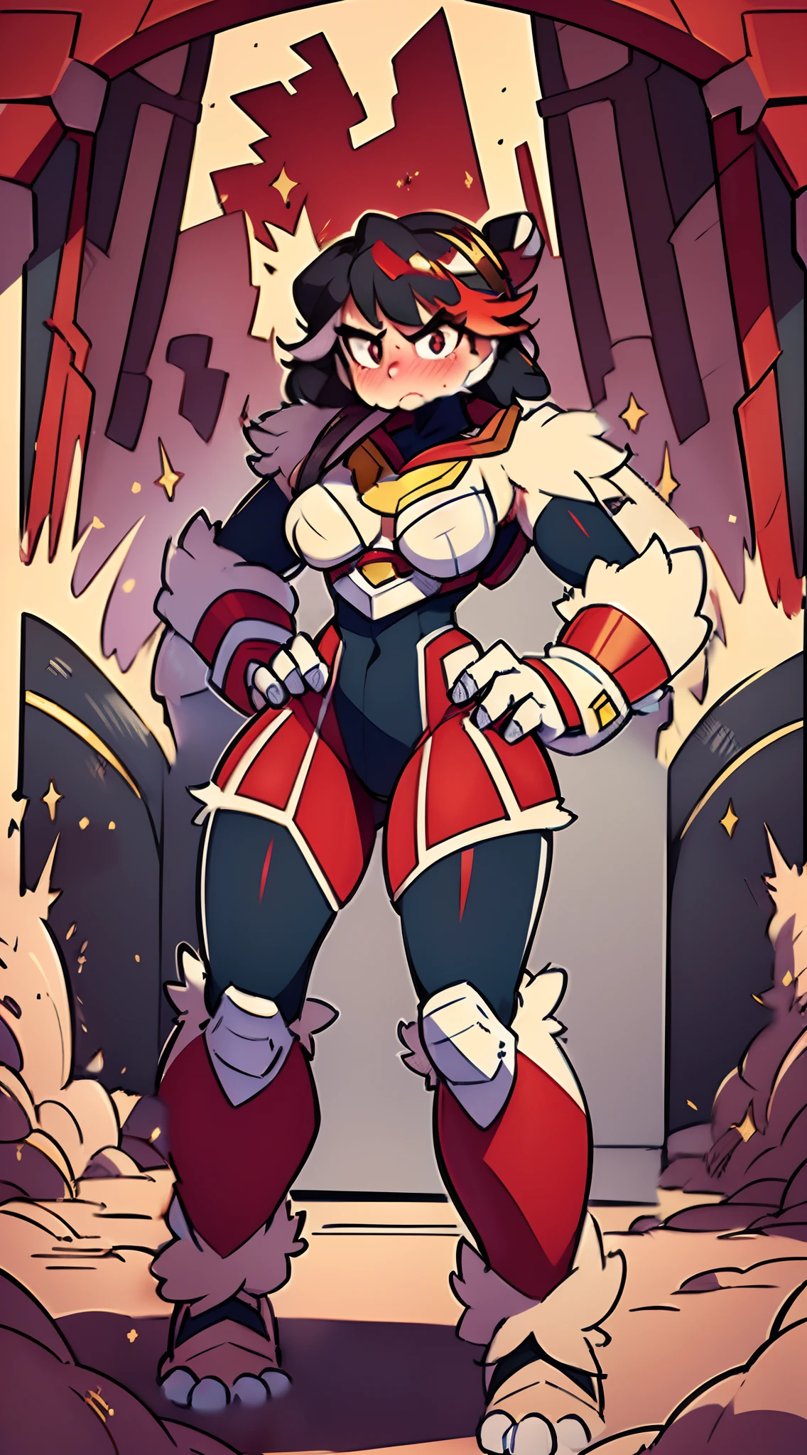 Ryuko Matoi wearing a fluffy armored fursuit, fursuit head held in hands, (best quality:1.2), ultra-detailed, (realistic:1.37), HDR, UHD, studio lighting, extreme detail description, professional, vivid colors, bokeh, portraits, fluffy textures, intricate fursuit design, meticulous fur rendering, dynamic pose, fluffy chest, helmet held under arm, furry helmet
