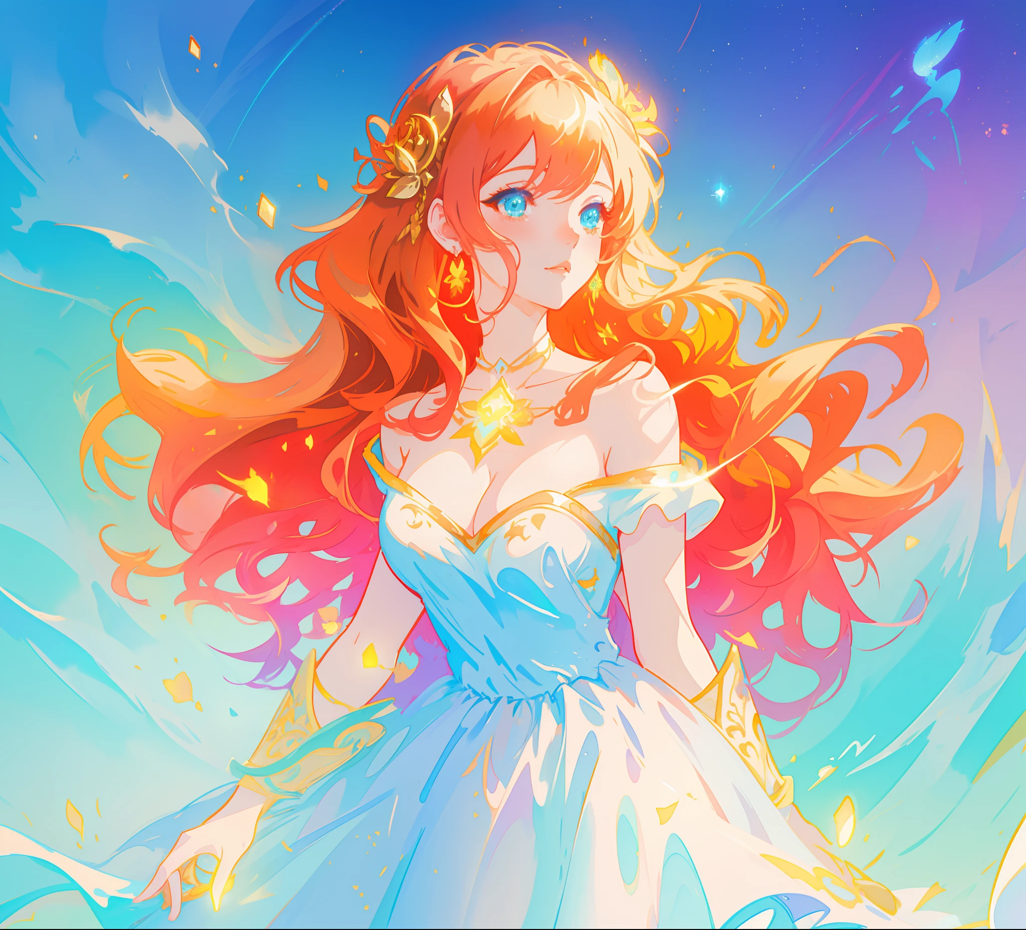 beautiful anime girl in white princess ballgown, vibrant pastel colors, (colorful), magical lights, red and gold long wavy curly hair, sparkling lines of light, inspired by Glen Keane, inspired by Lois van Baarle, disney art style, by Lois van Baarle, glowing aura around her, by Glen Keane, jen bartel, glowing lights! digital painting, flowing glowing hair, glowing flowing hair, beautiful digital illustration, fantasia background, whimsical, magical, fantasy, beautiful face, ((masterpiece, best quality)), intricate details, highly detailed, sharp focus, 8k resolution, sparkling detailed eyes, liquid watercolor