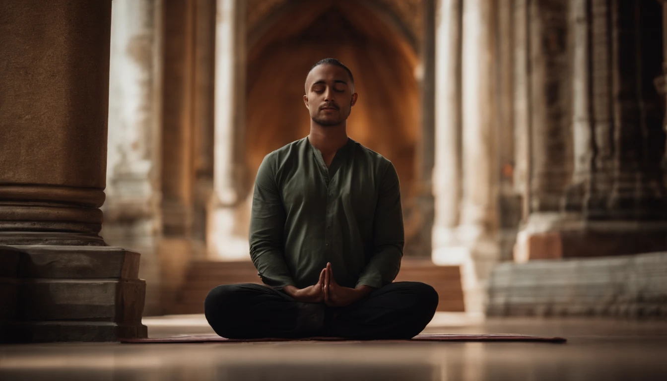 Retrato realista de um monge budista meditando em um bonito templo budista
