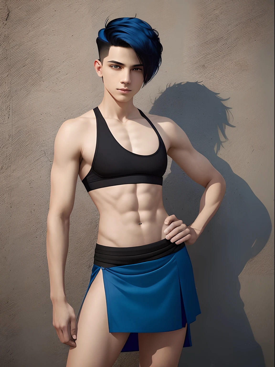 Nonbinary, androgynous, short hair, undercut, black sports bra, flat chest, blue hair, partial nudity, standing, hand on hip, smirk, skirt, mexican, cute, sexy, seductive, huge penis, flaccid, penis hanging out of skirt