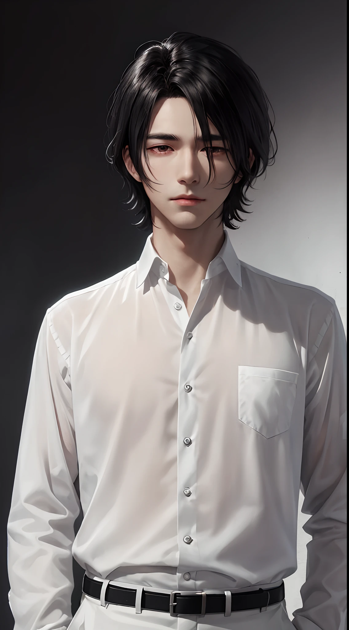 Male,black hair, white shirt, black pants, cut wolf hair , male, eyes with slightly dark circles, Unsmiling expression , anime, UHD, textured skin, high details, super detail, 16k, anime style, parted bangs, forehead protector, empty eyes, body angle photo,